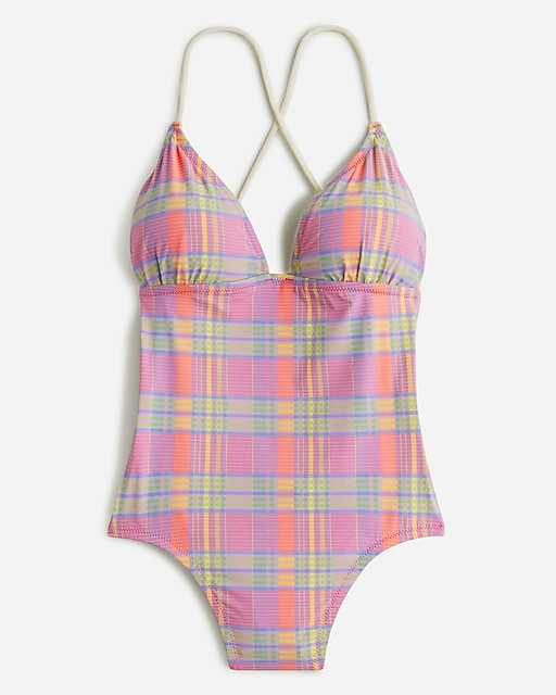  Strappy cross-back one-piece swimsuit in sunset plaid
