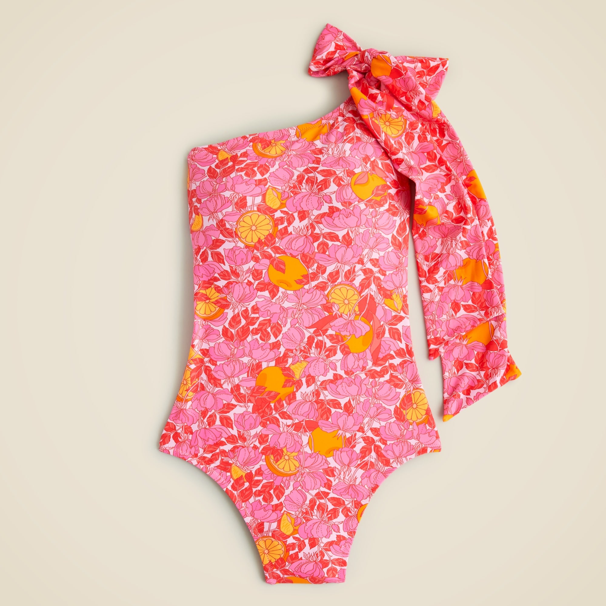Bow one-shoulder one-piece swimsuit in pink limone print