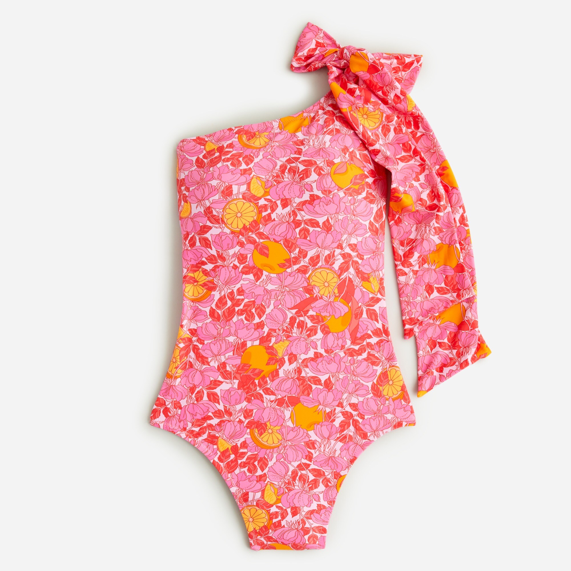  Bow one-shoulder one-piece swimsuit in pink limone print