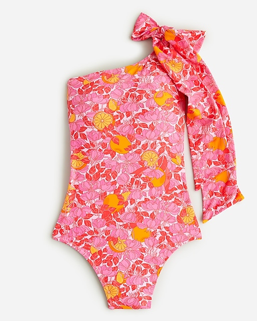  Bow one-shoulder one-piece swimsuit in pink limone print