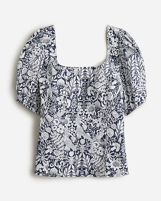  Puff-sleeve cotton poplin squareneck top in mermaid floral