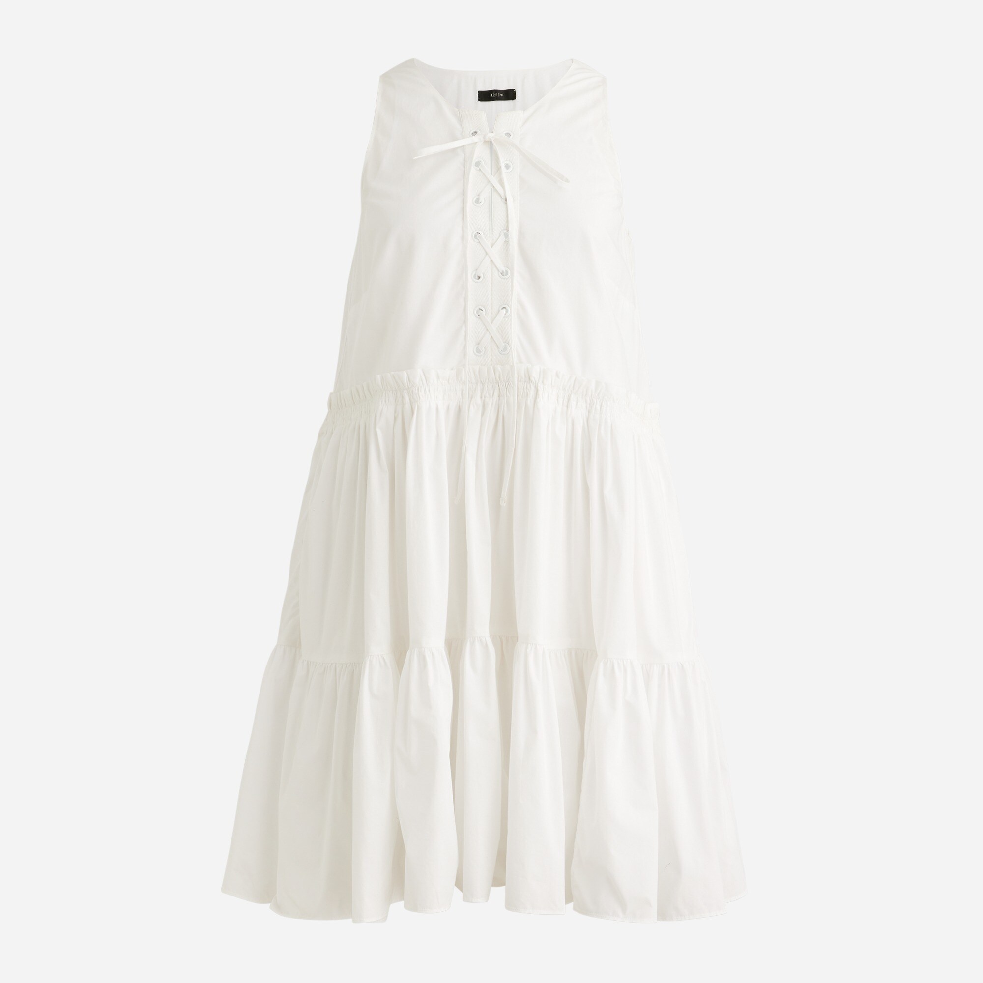 Tiered lace-up mini dress in cotton poplin