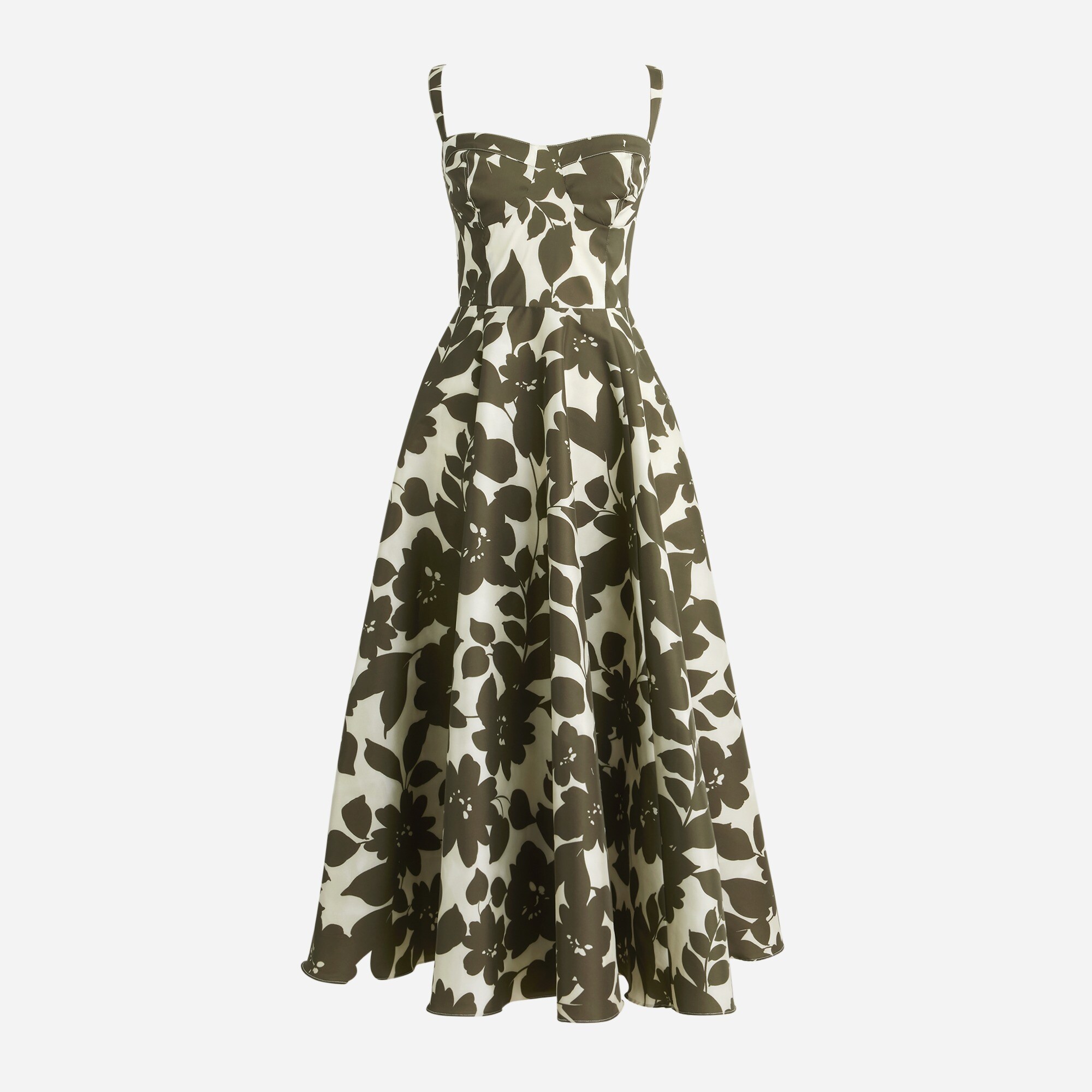 Collection sweetheart A-line midi dress in leafy floral stretch taffeta