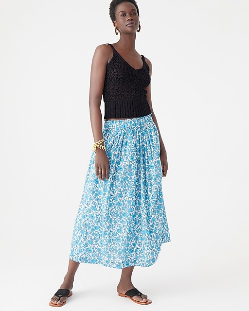 womens Smocked-waist cotton voile midi skirt in blue blooms block print