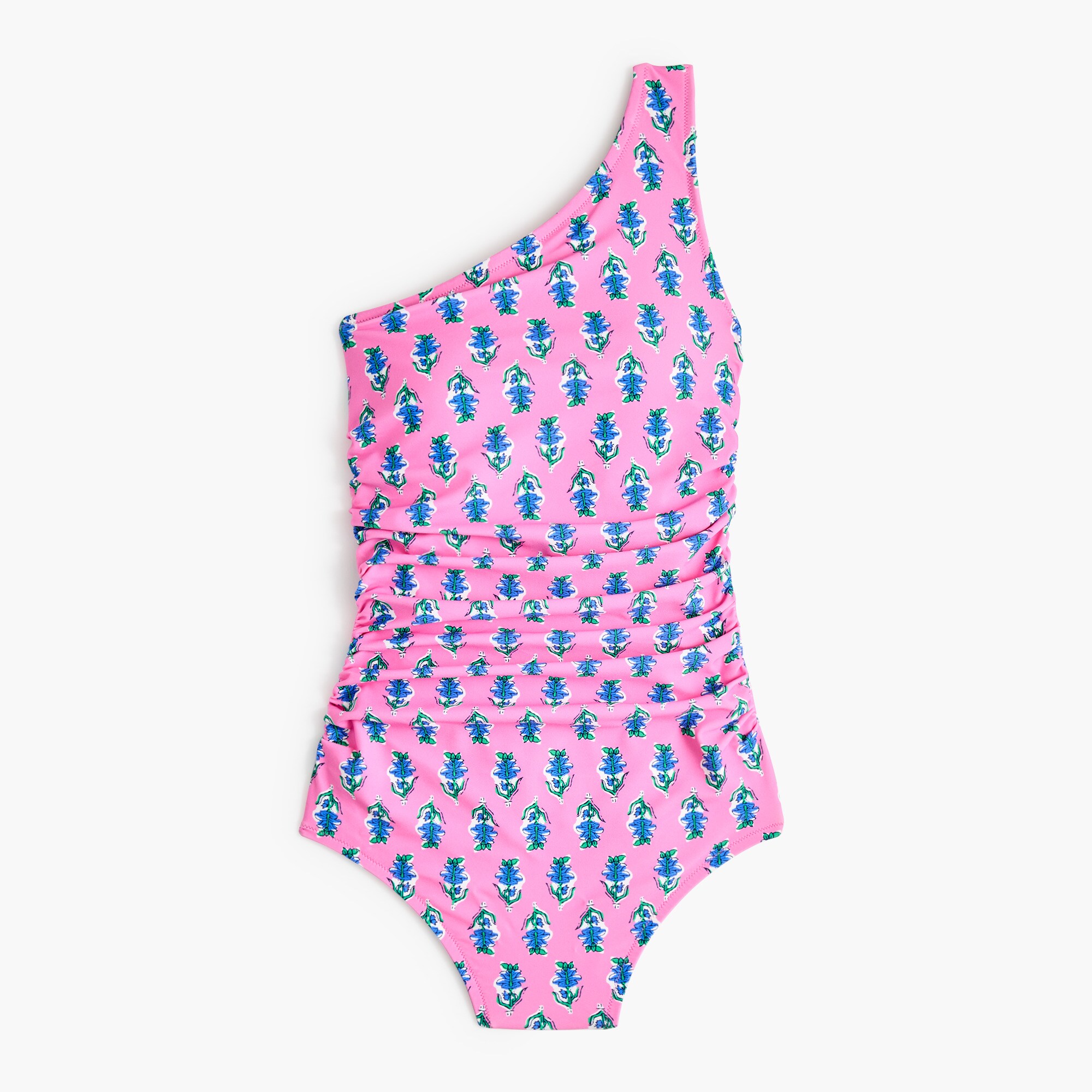 Printed ruched one-shoulder swimsuit