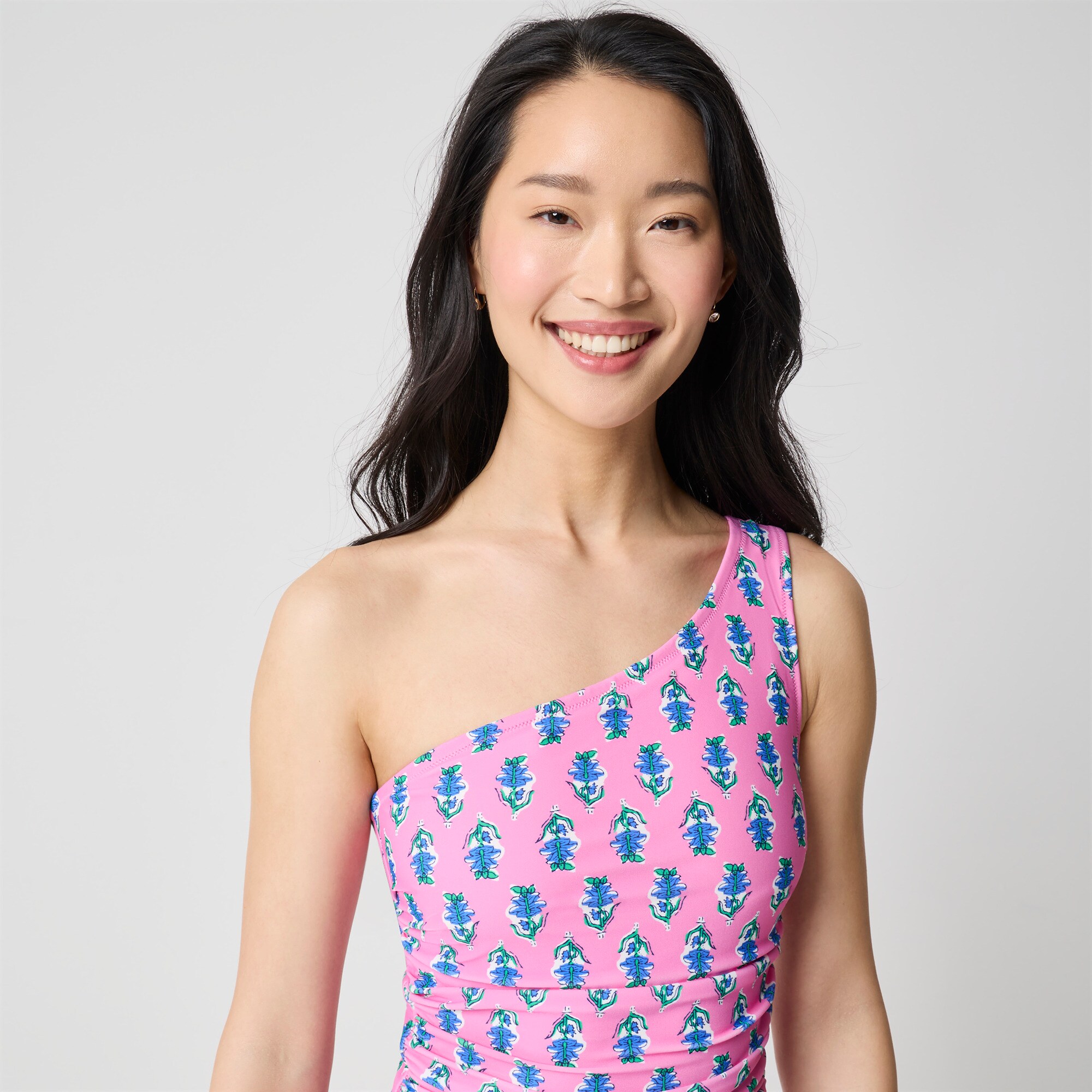 Printed ruched one-shoulder swimsuit
