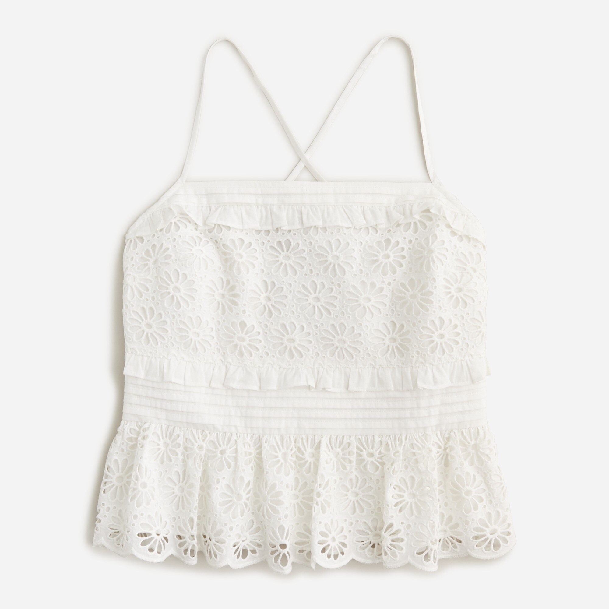 Cross-back smocked-waist eyelet top