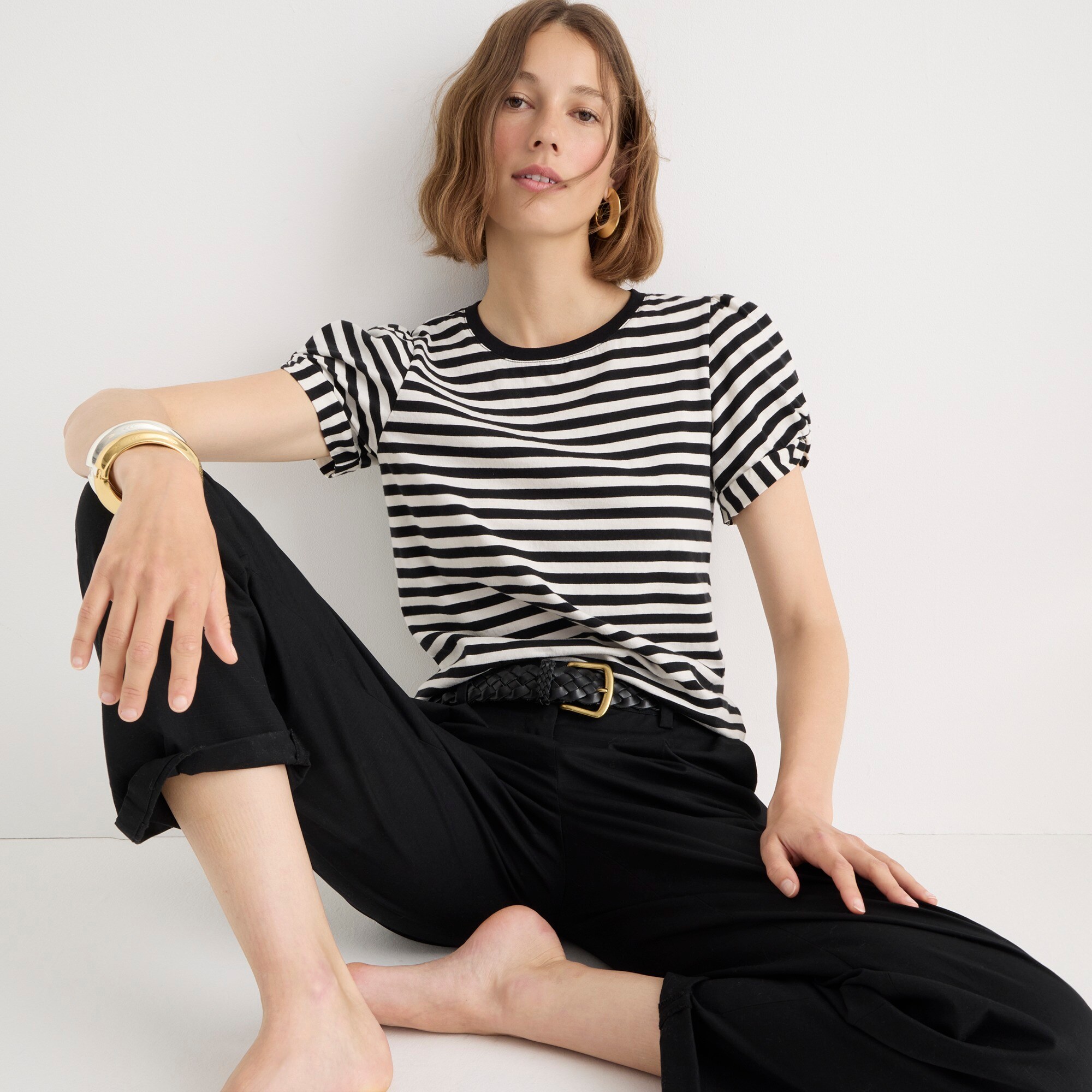  Puff-sleeve crewneck T-shirt in stripe