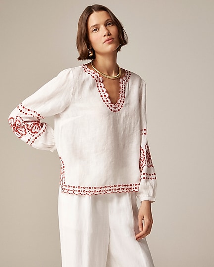 j.crew: bungalow embroidered top in linen for women