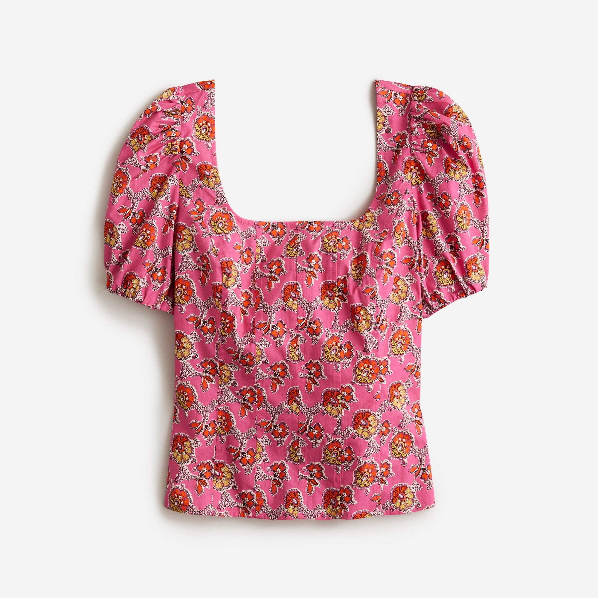  Puff-sleeve squareneck top in Ratti&reg; pink blooms print