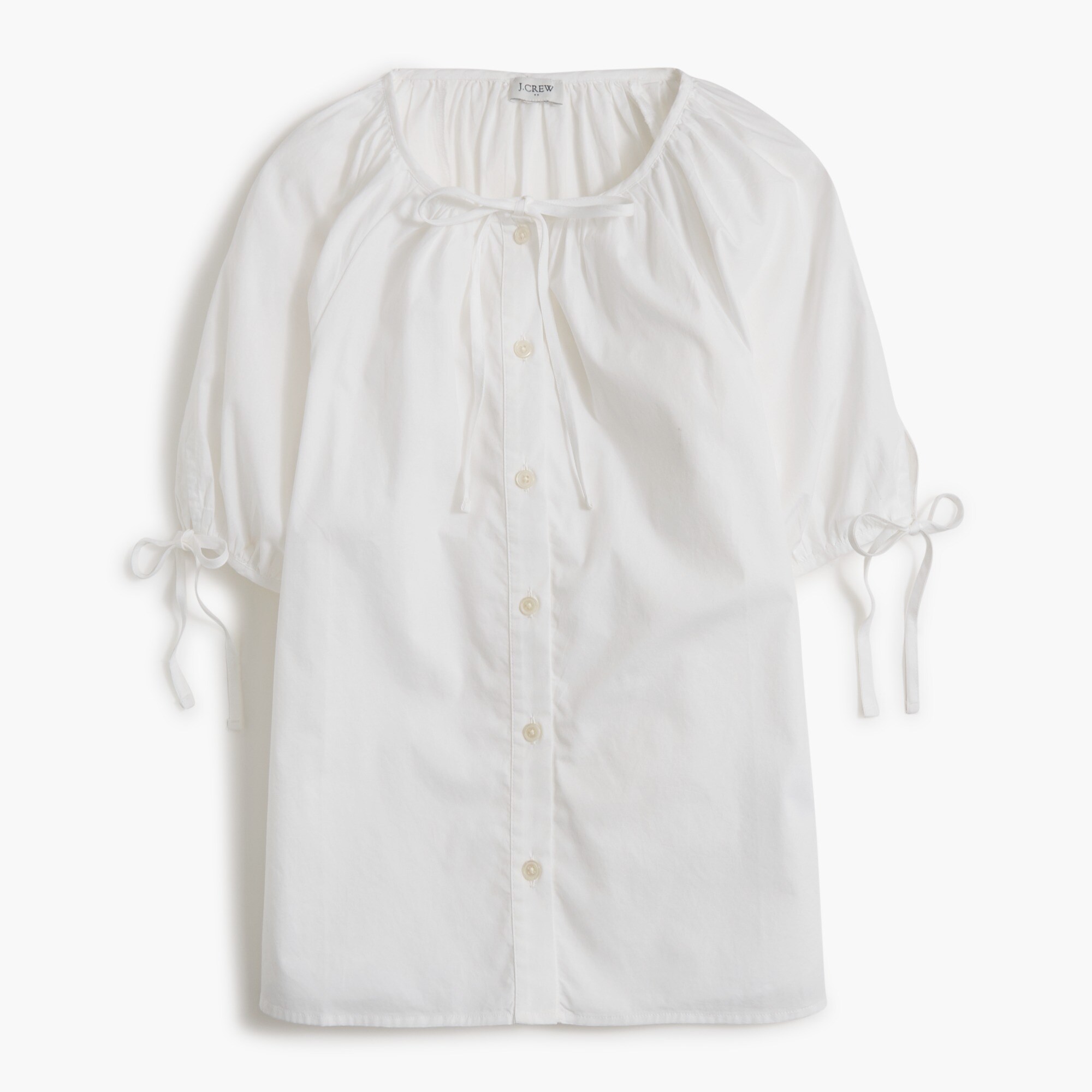 Button-front top with tie sleeves