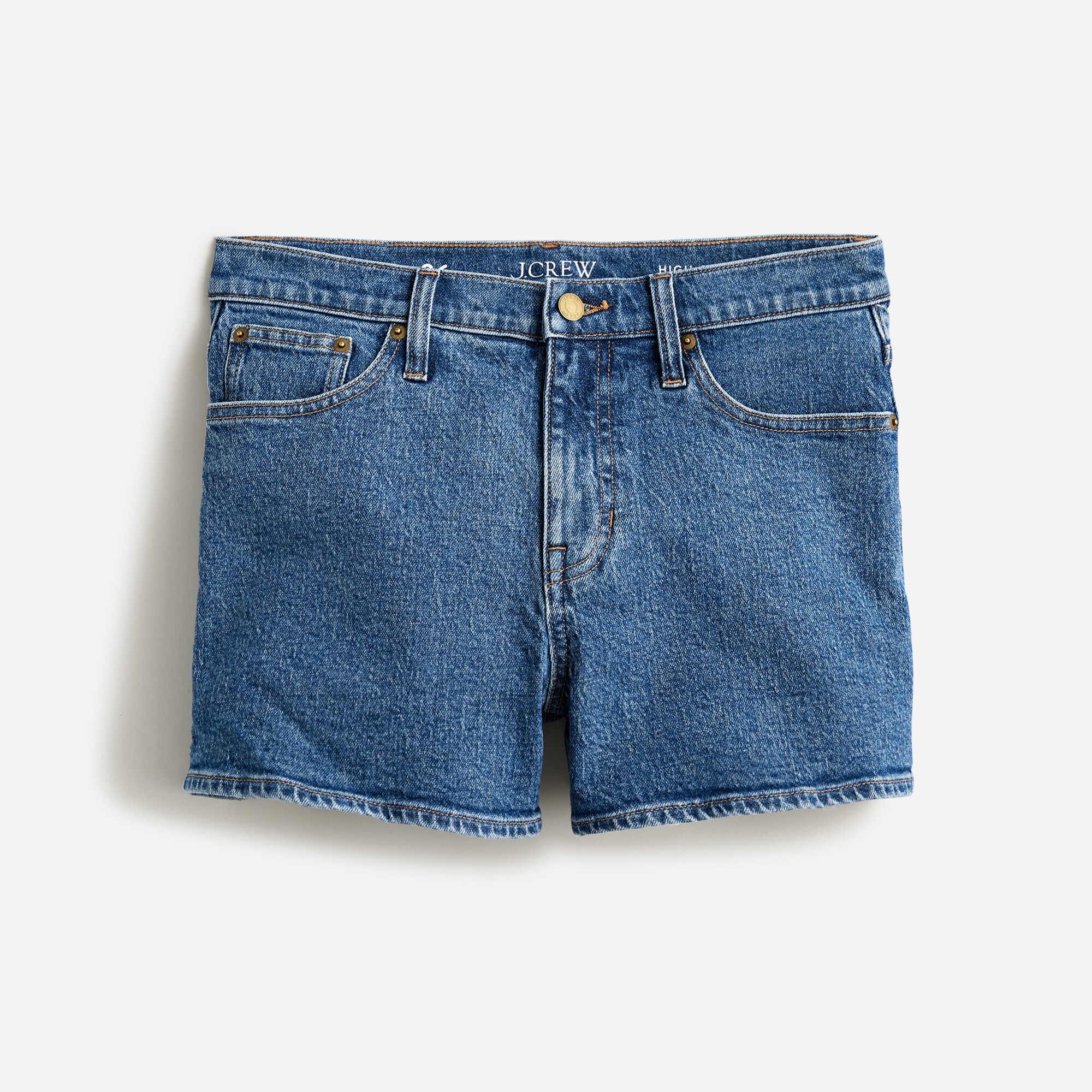 High-rise A-line denim short in ancient laurel wash