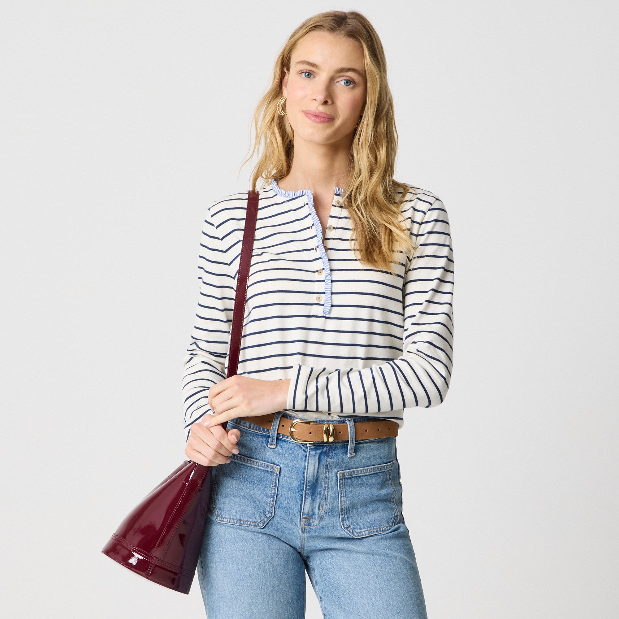 Striped ruffle-collar henley