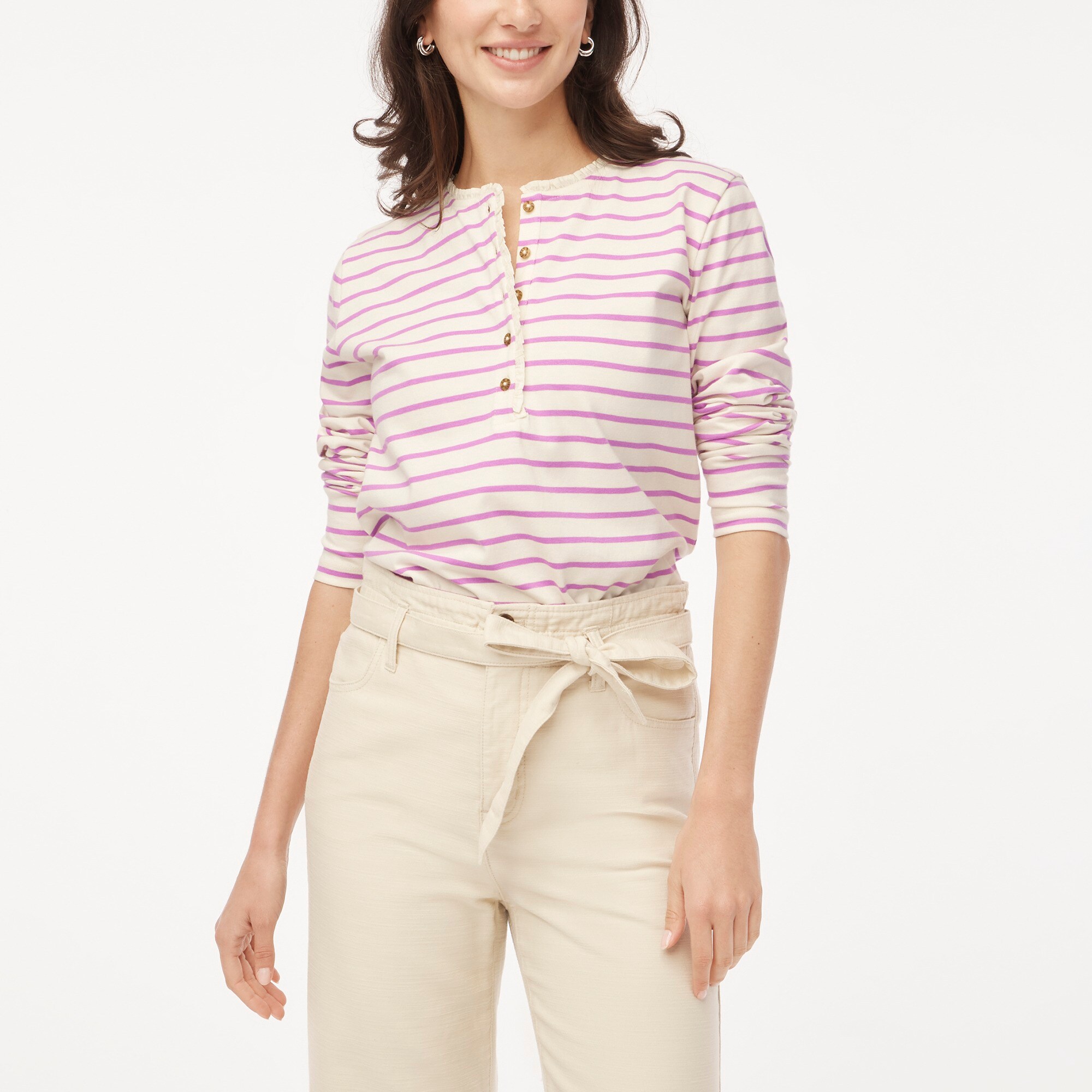 Striped ruffle-collar henley