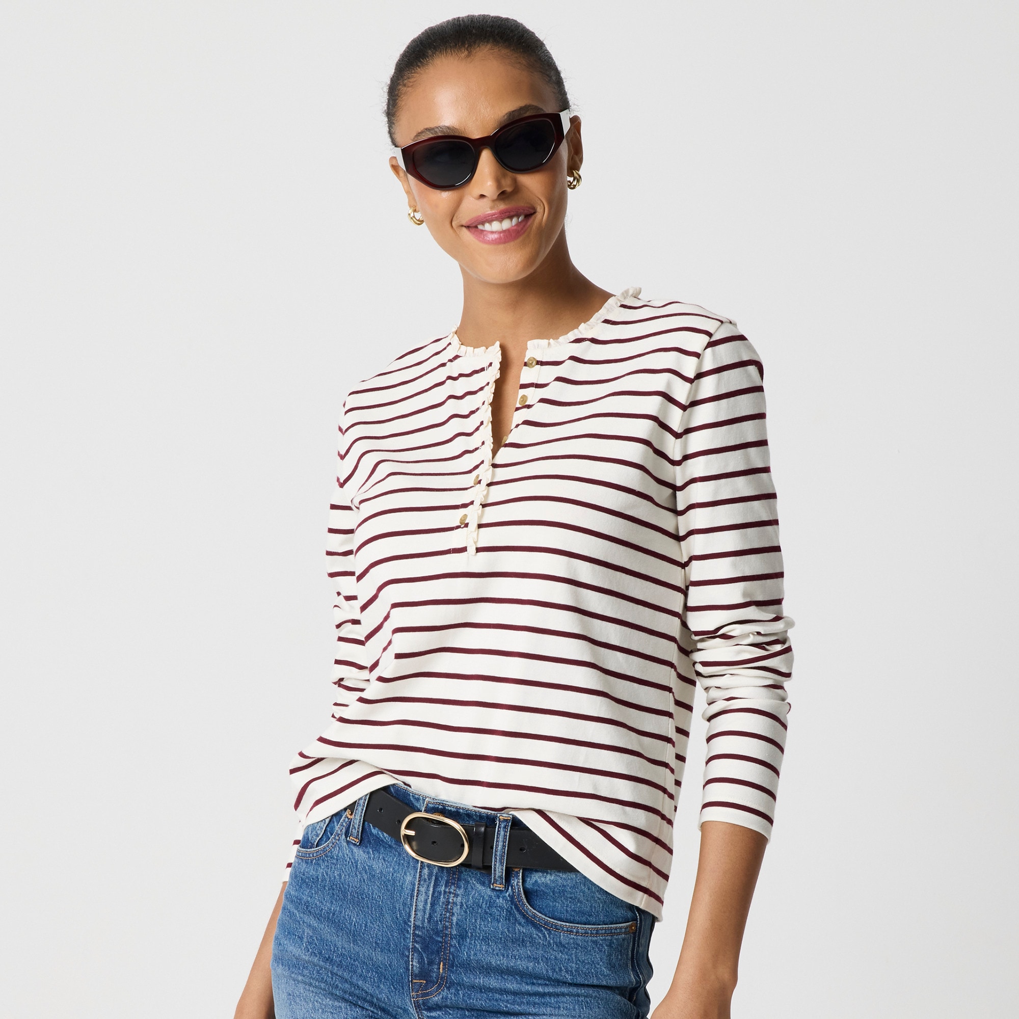 Striped Ruffle-collar Henley For Women | Factory