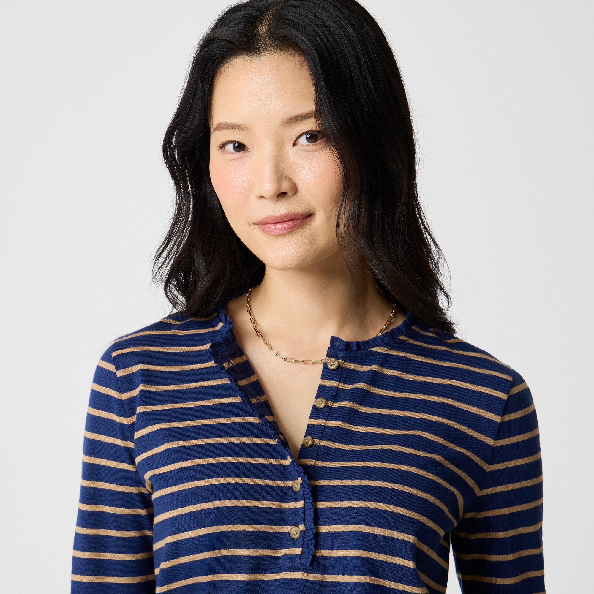 Striped ruffle-collar henley