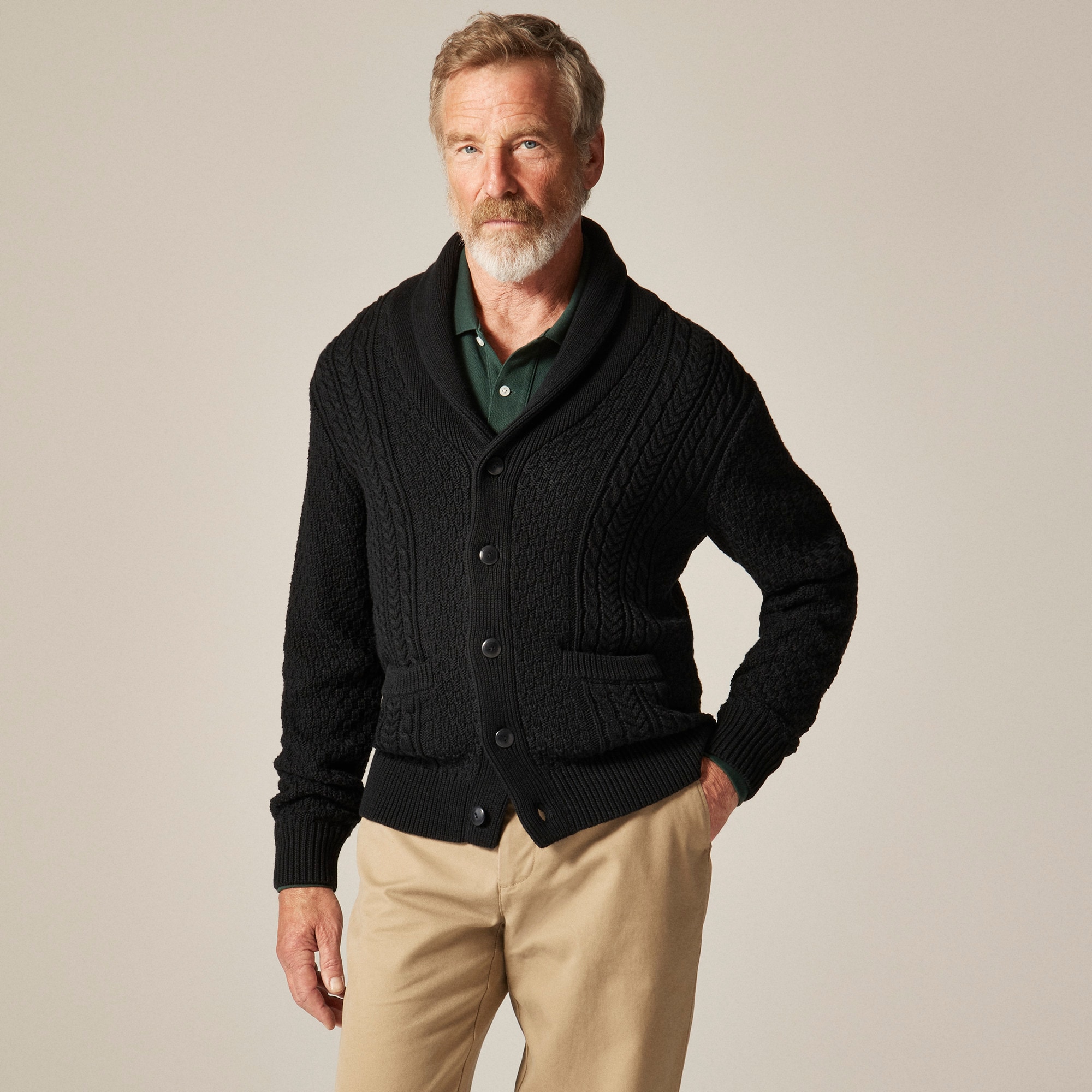 Heritage Cotton Cable-knit Shawl-collar Sweater For Men