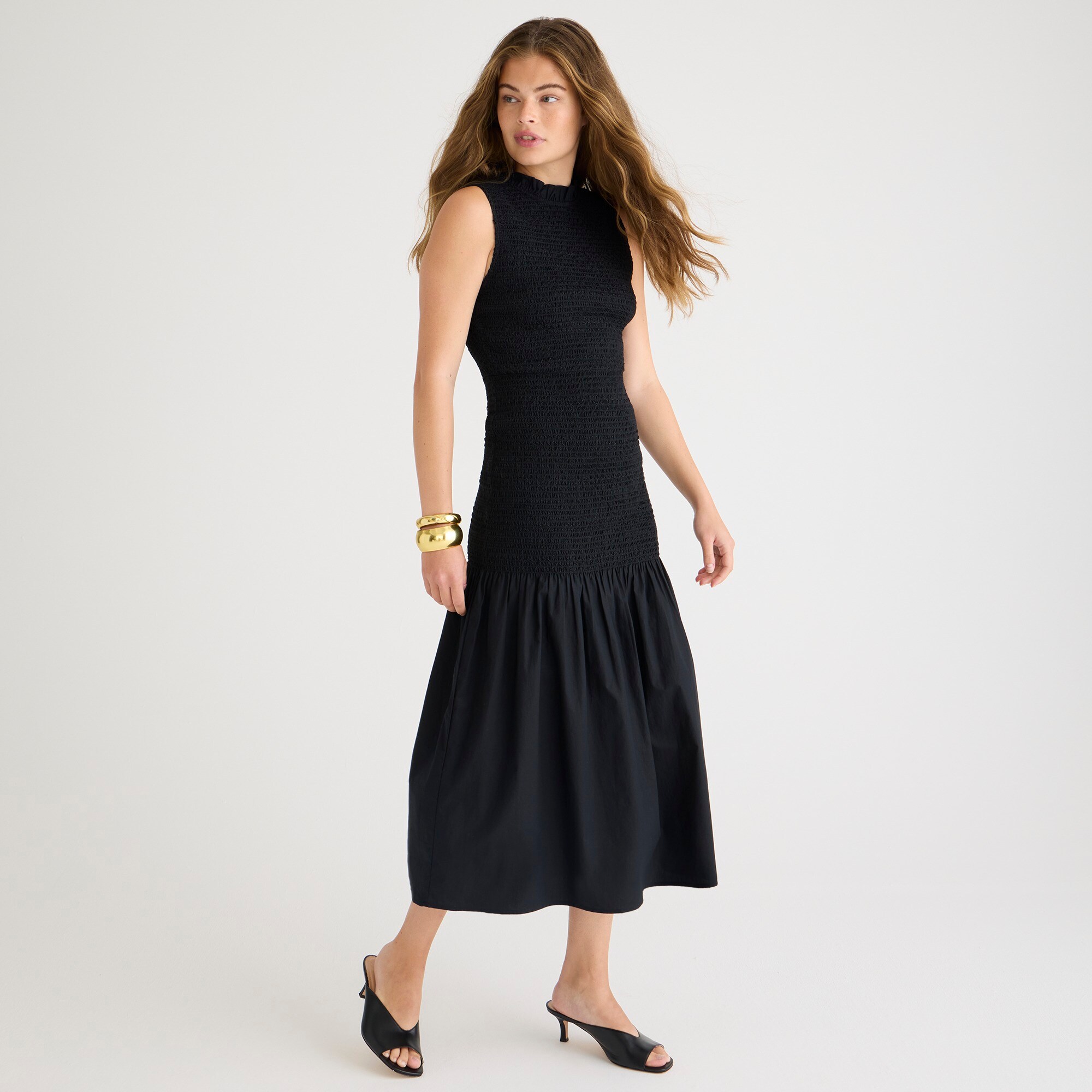 womens Smocked drop-waist dress in cotton poplin