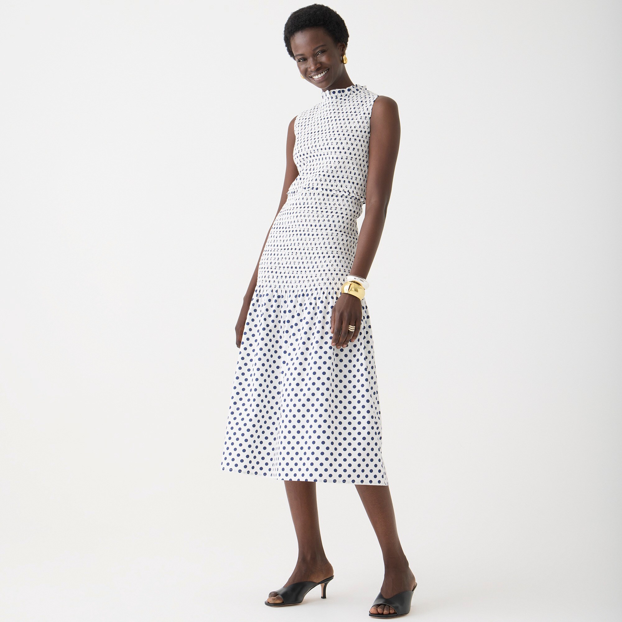 womens Smocked cotton poplin drop-waist dress in dot print