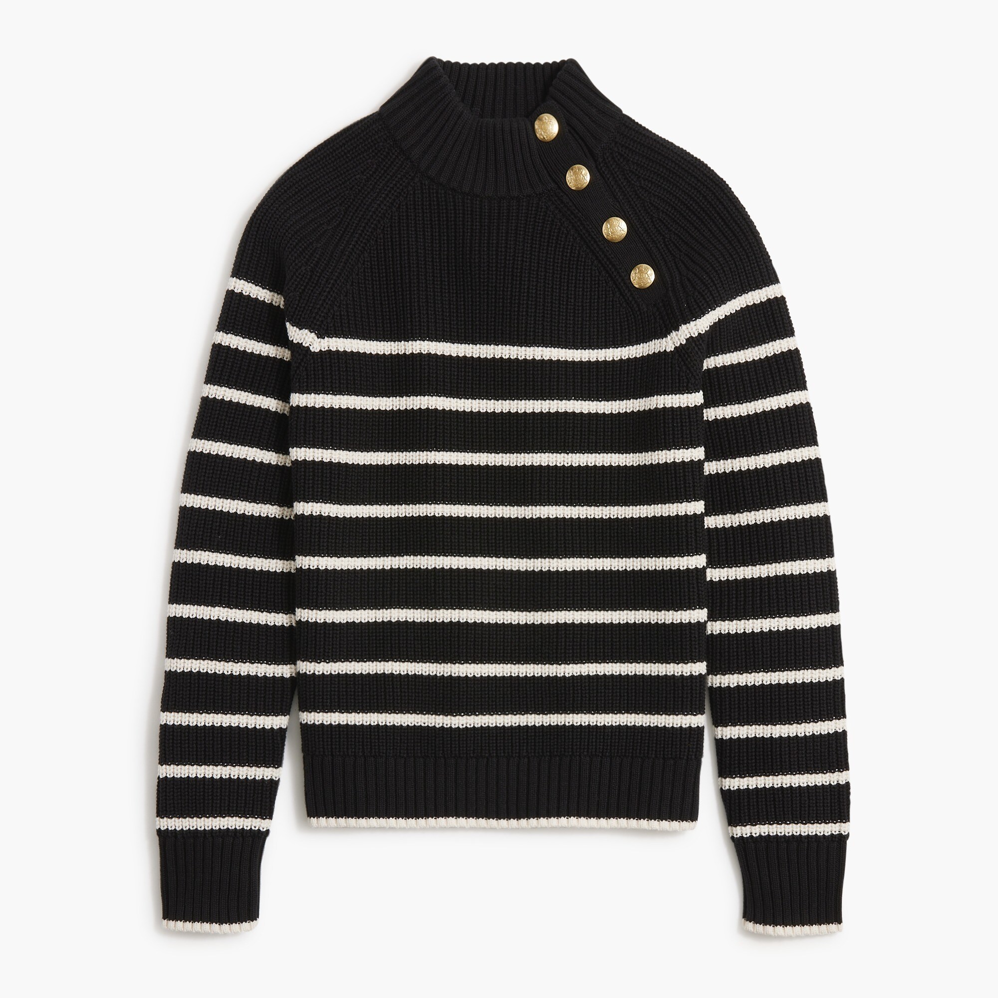 Button-shoulder striped mockneck sweater