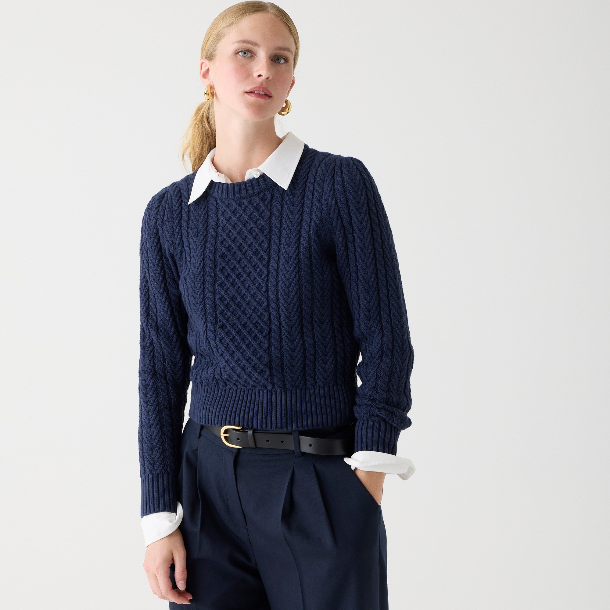 Cable-knit puff-sleeve crewneck sweater