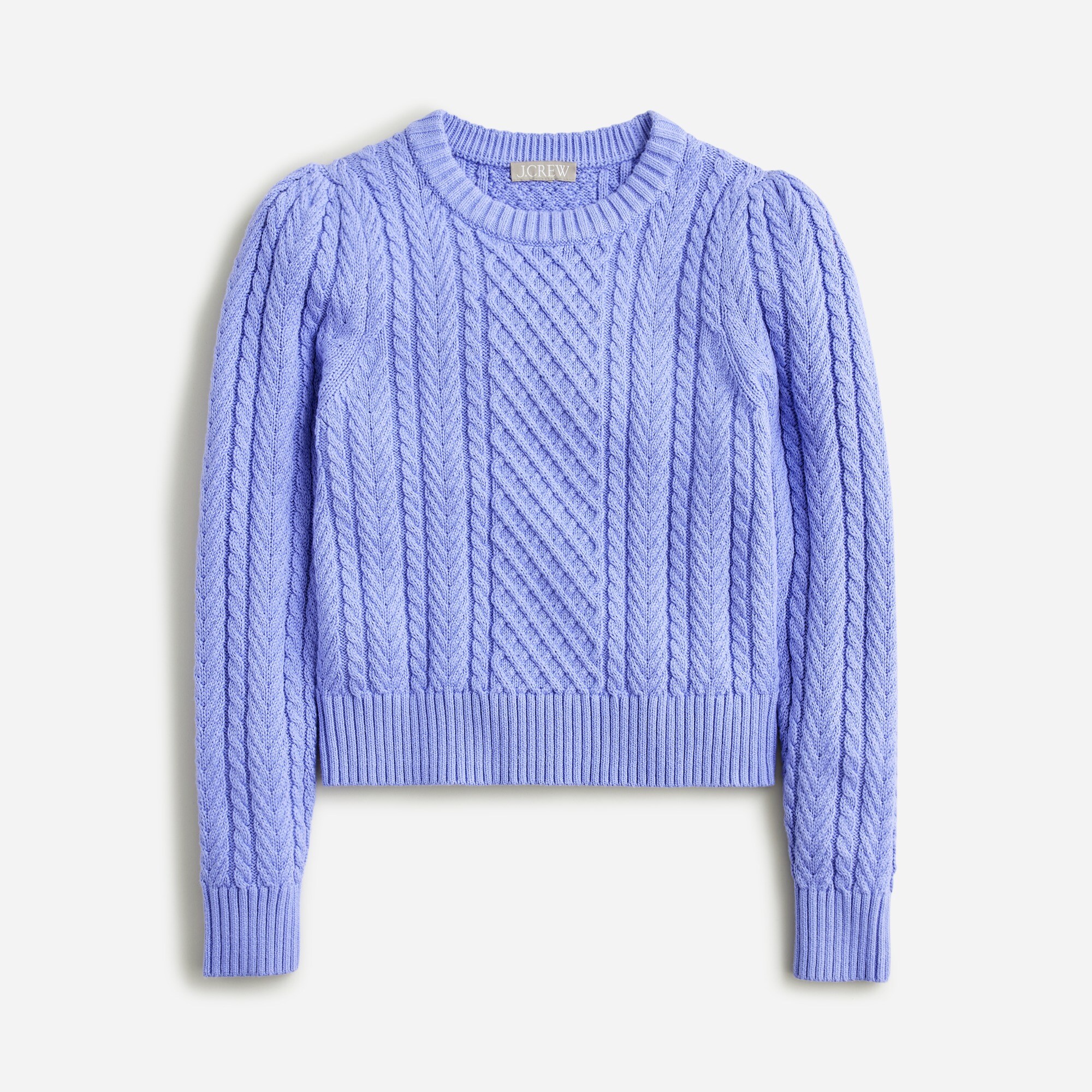 Cable-knit puff-sleeve crewneck sweater