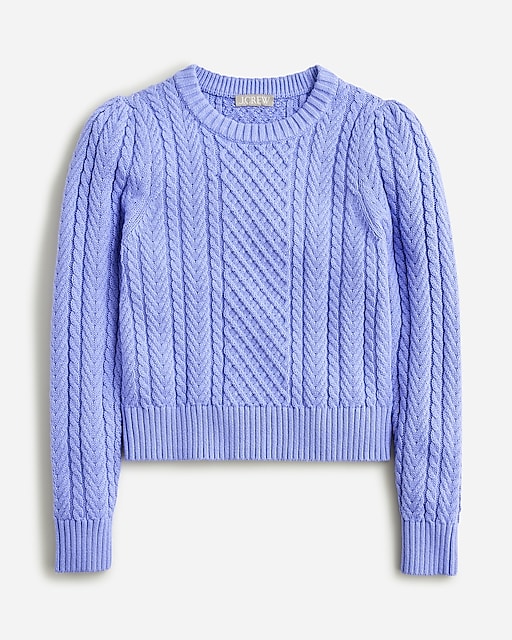  Cable-knit puff-sleeve crewneck sweater