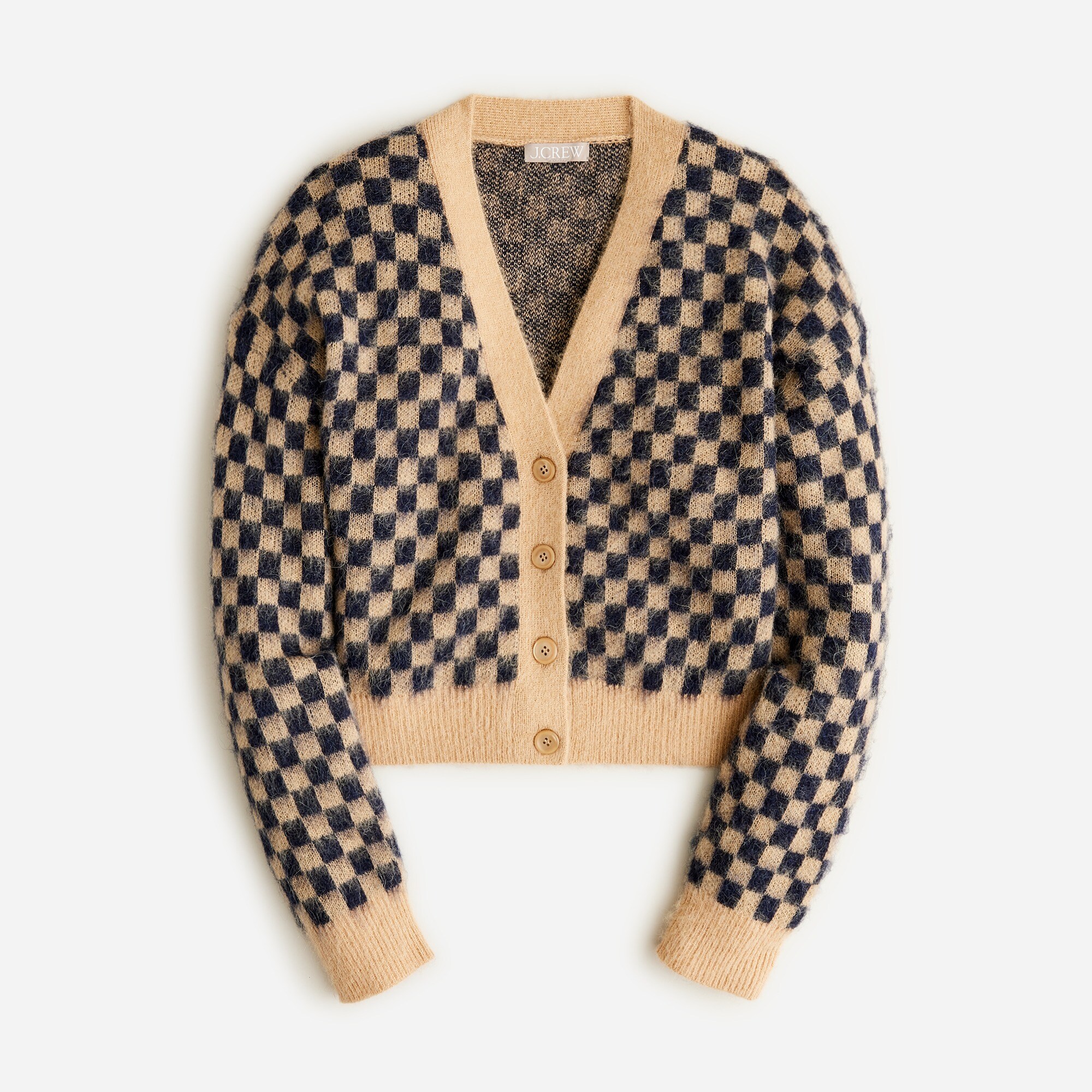 Checkered V-neck cardigan sweater in brushed yarn