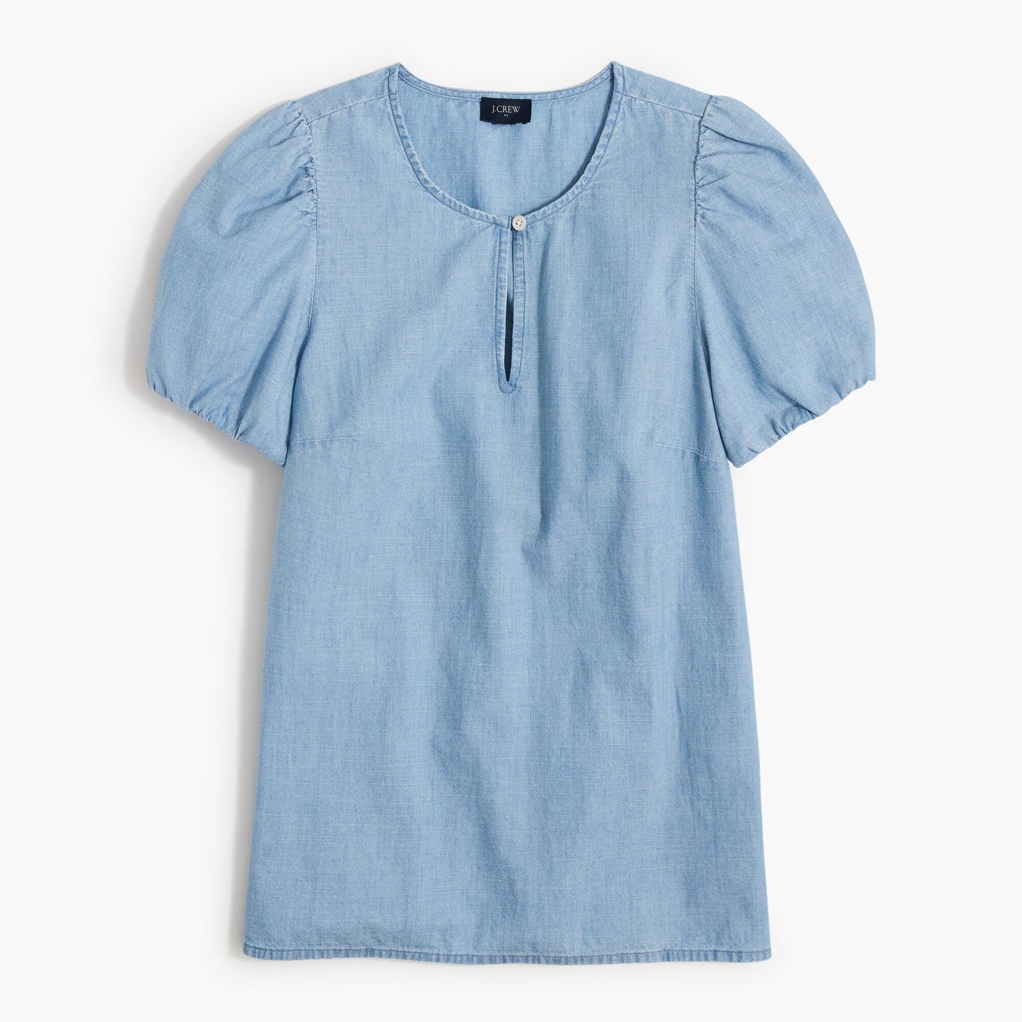 puff-sleeve keyhole top in chambray for women
