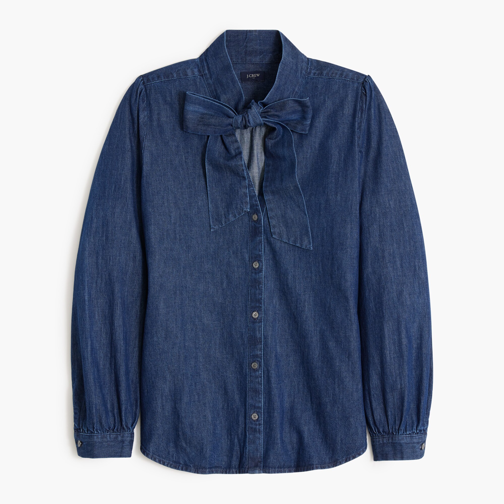 chambray bow tie-neck top for women