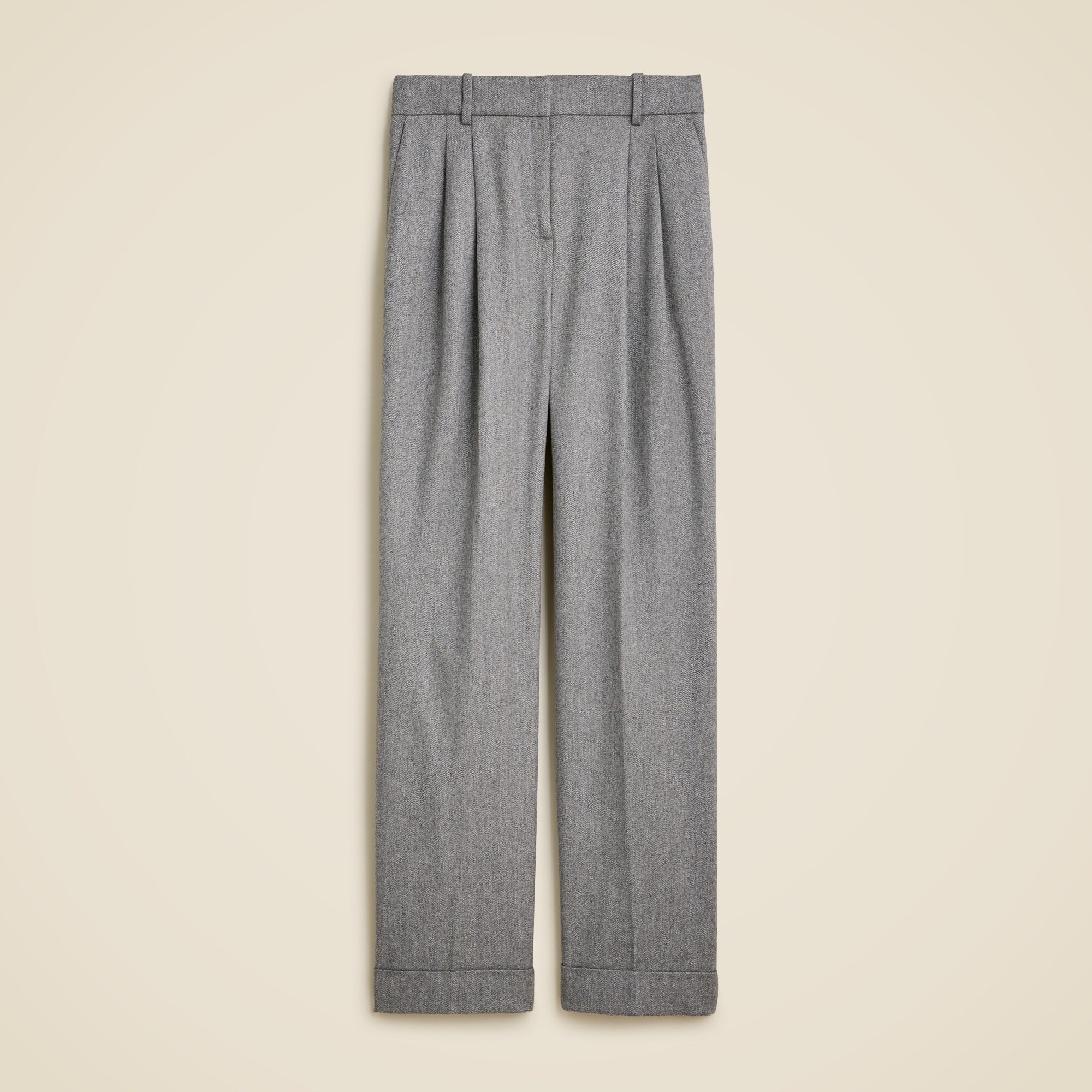 Wide-leg essential pant in grey herringbone English wool blend