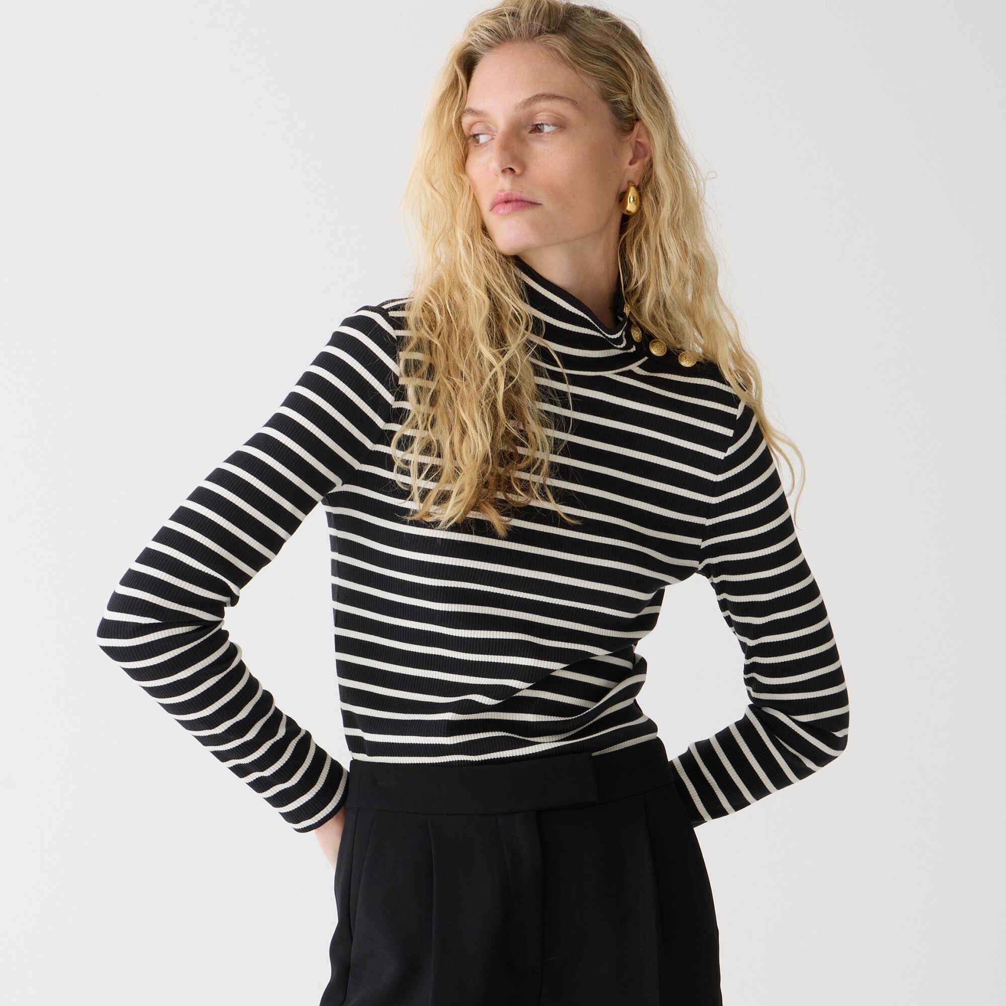 womens Vintage rib turtleneck with buttons in stripe