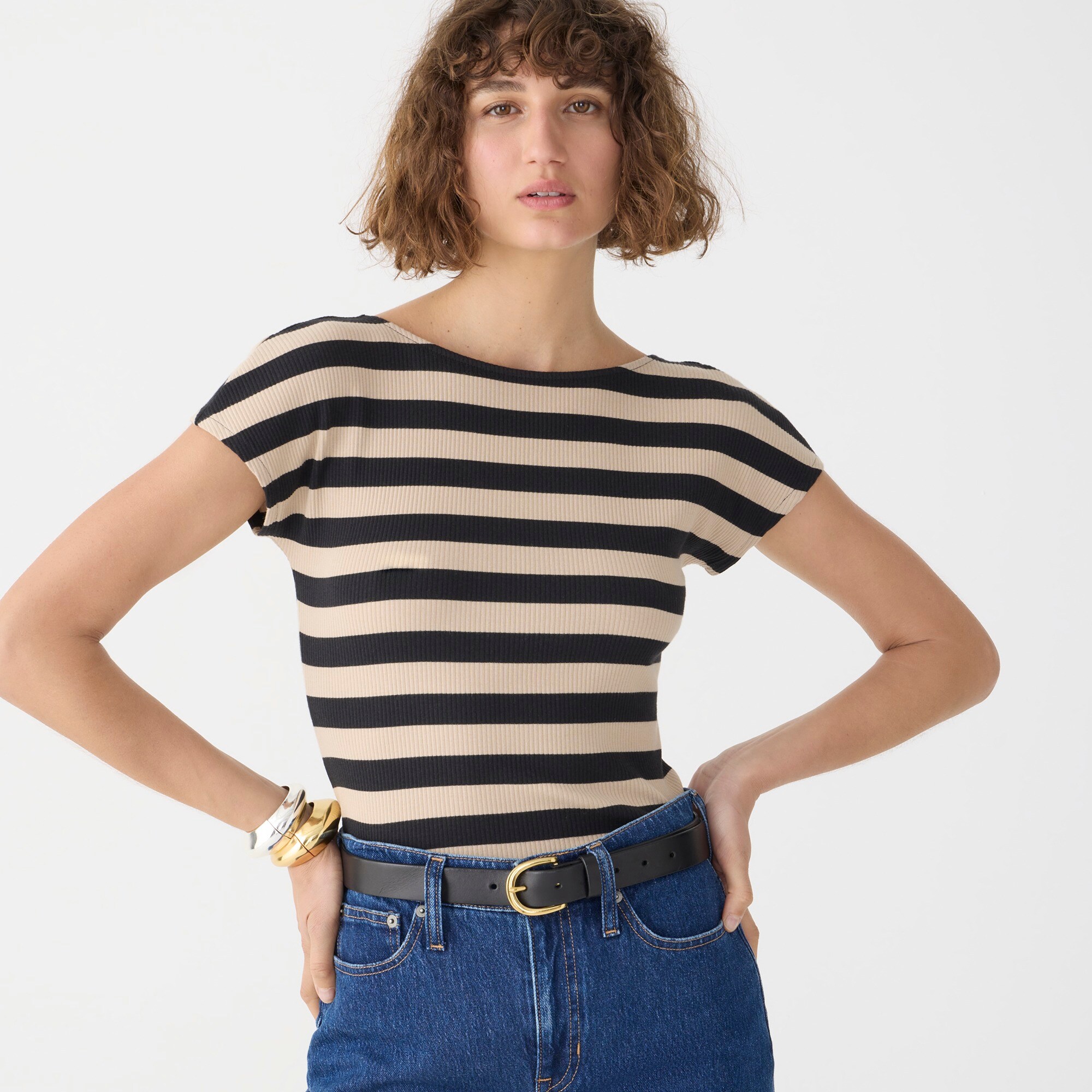 J.Crew: Vintage Rib Cropped Scoopback T-shirt In Stripe For Women