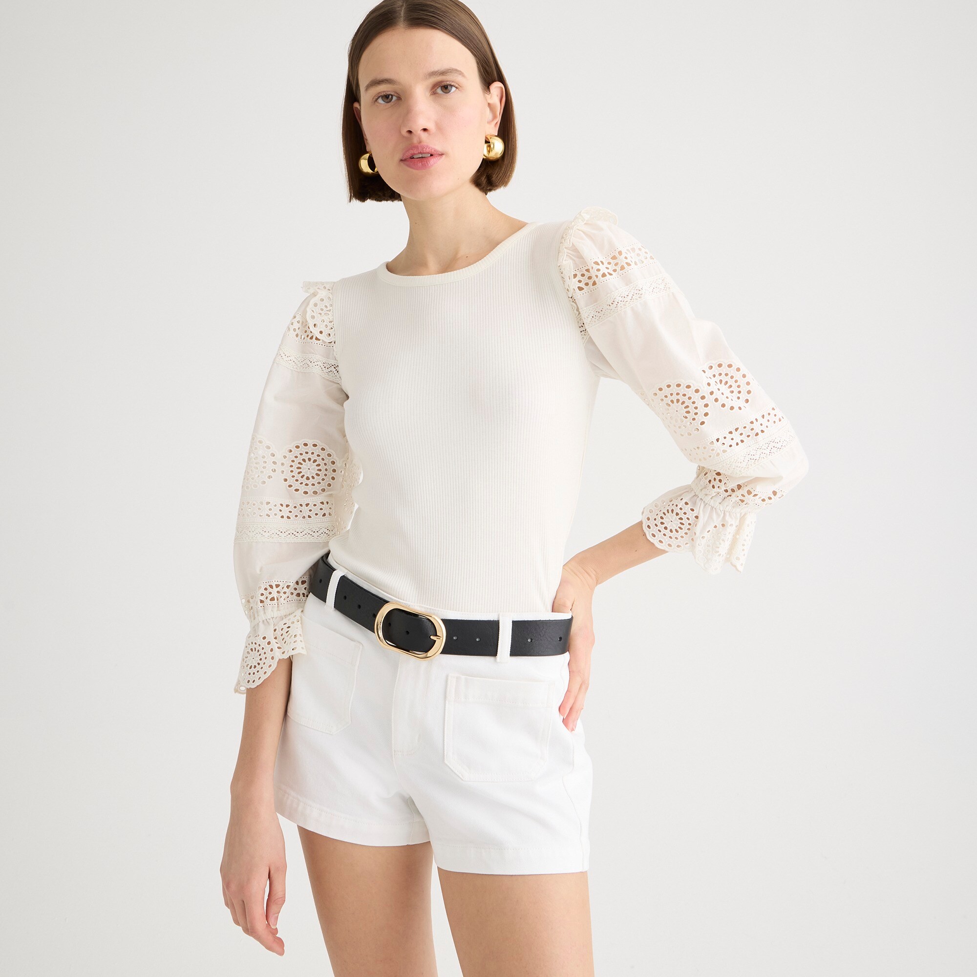 Ruffle-trim eyelet top in vintage rib