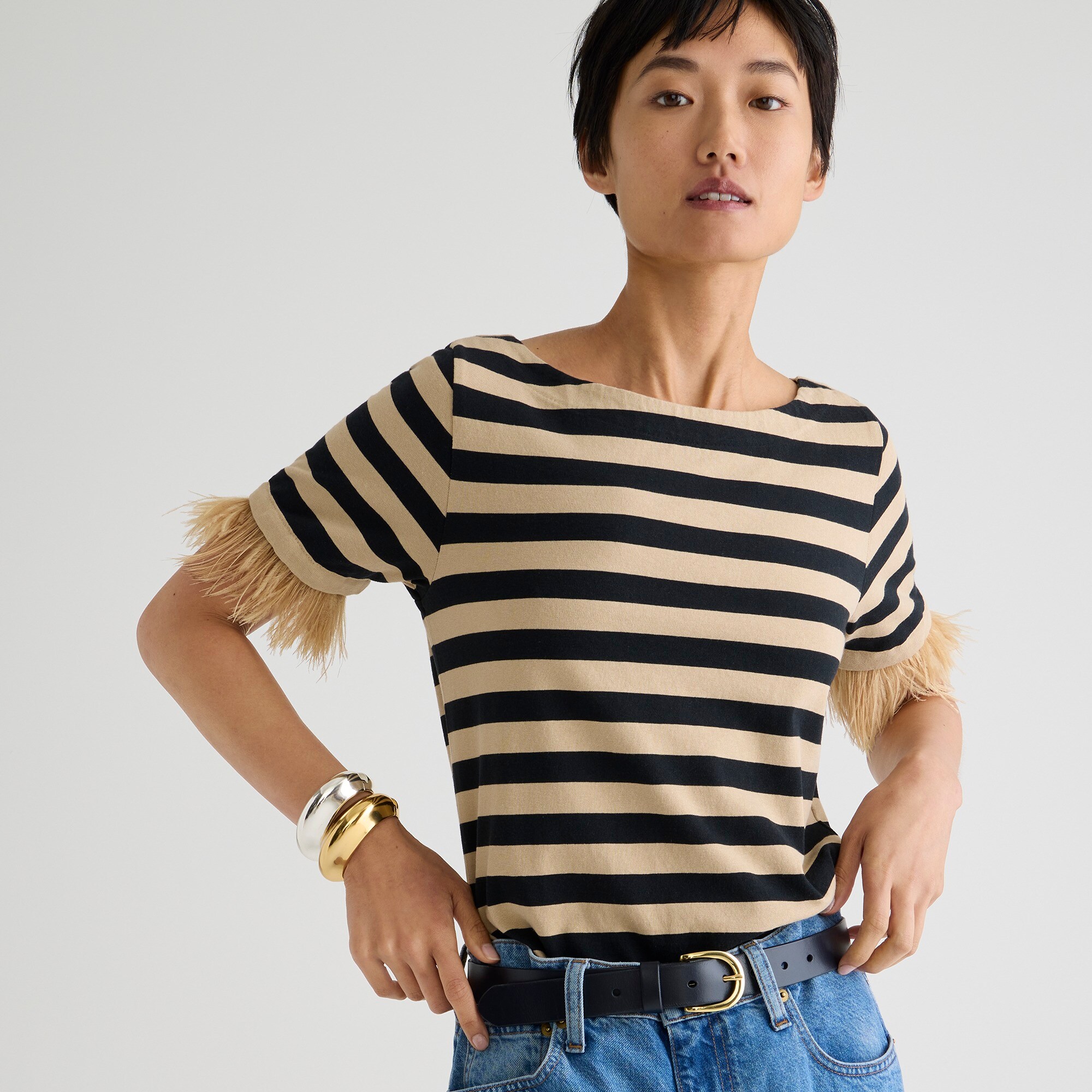 J.Crew Mariner Jersey Cropped Striped Boatneck Tshirt With Feathers For Women