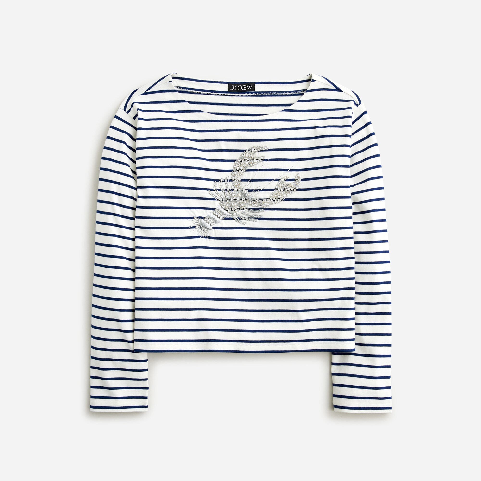Cropped beaded graphic boatneck T-shirt