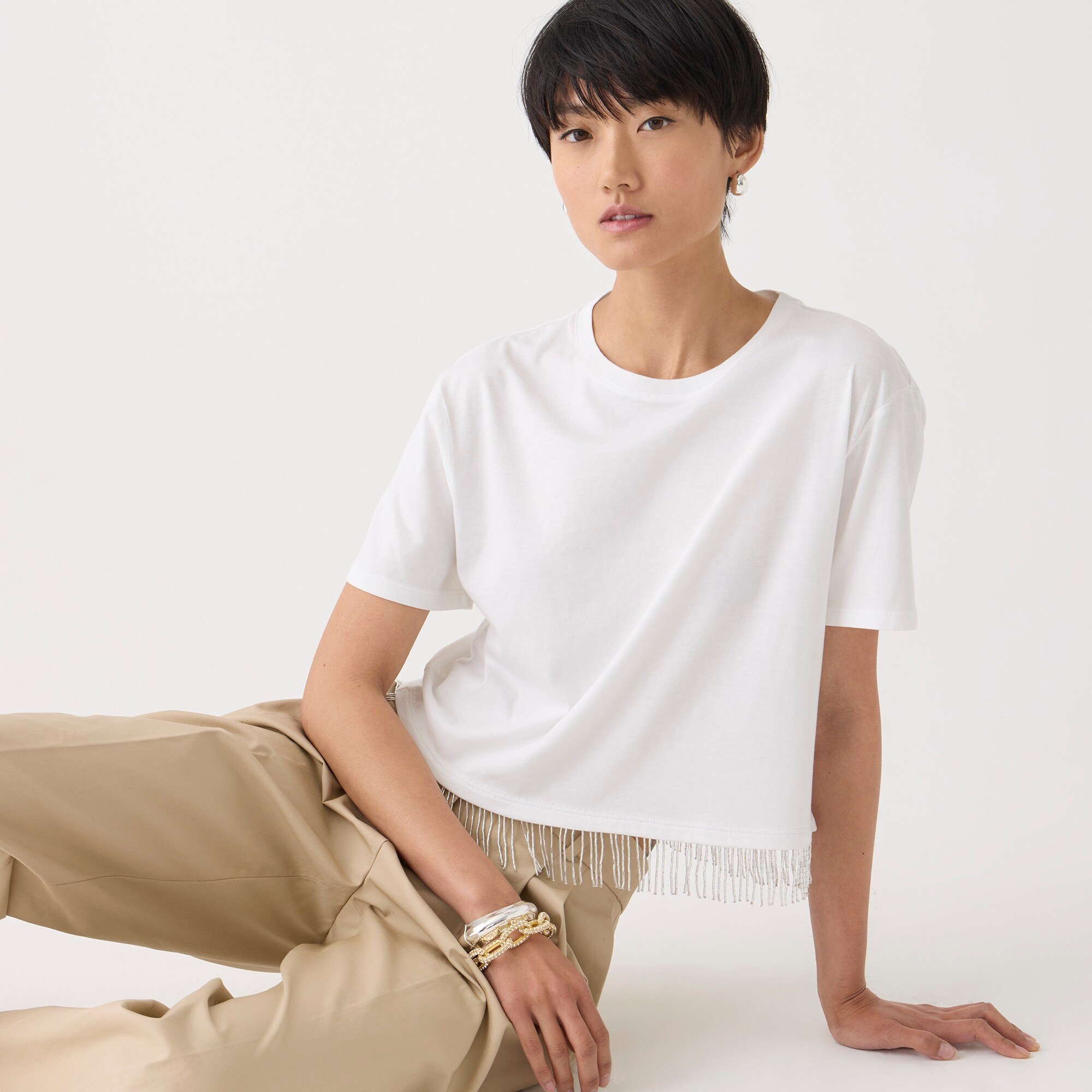  Fringe-trim beaded cropped T-shirt