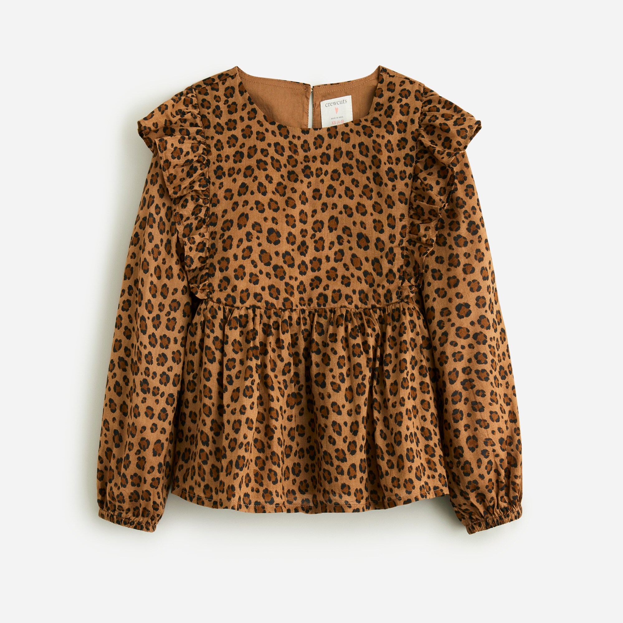  Girls' ruffle-shoulder puff-sleeve top in leopard print