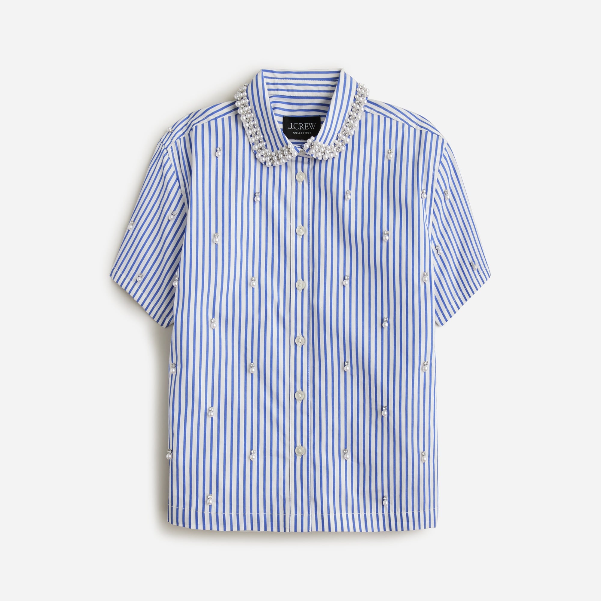 J.Crew: Collection Cropped Short-sleeve Shirt In Stripe With Pearl Details  For Women