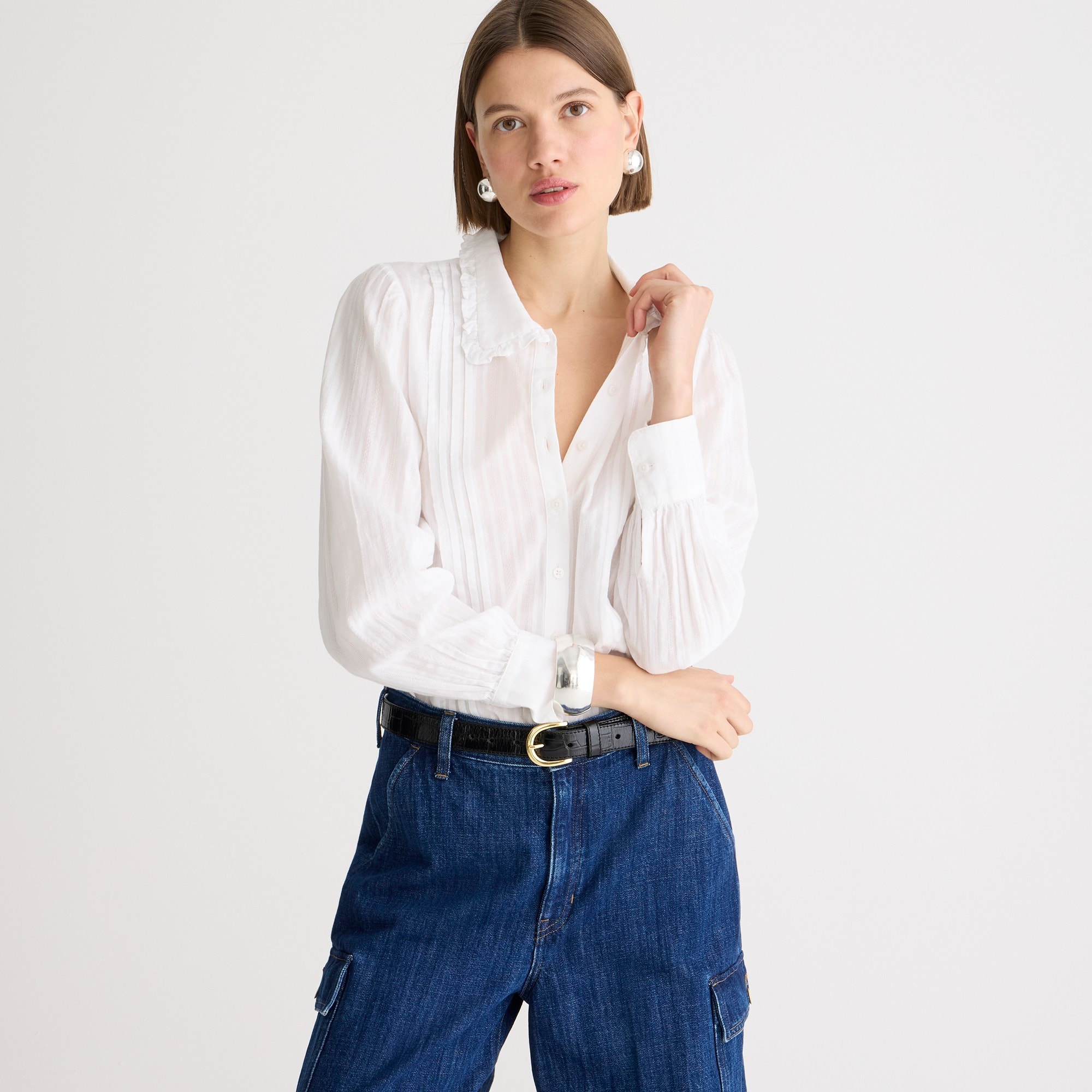 j.crew: lace-collar ruffle button-up shirt in cotton dobby for women