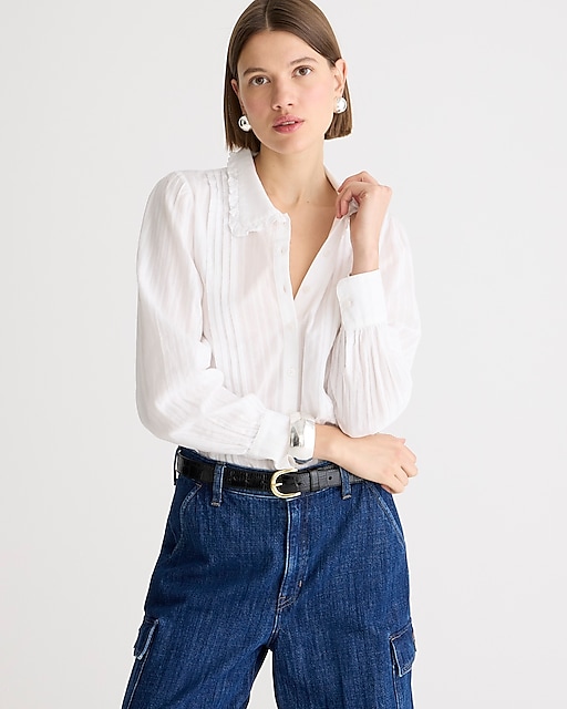 womens Lace-collar ruffle button-up shirt in cotton dobby
