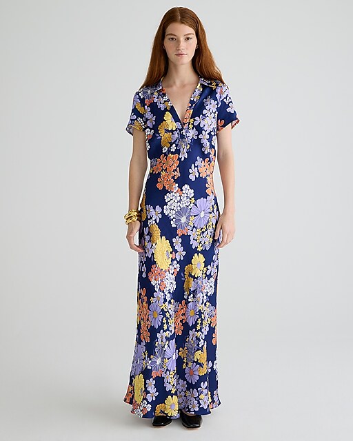 womens Short-sleeve luster crepe slip dress in dusk floral print