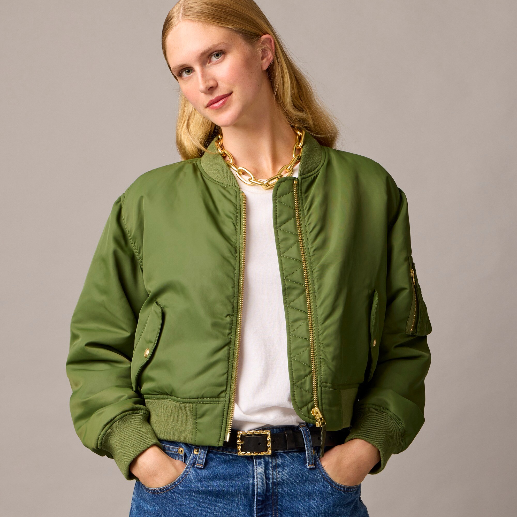 Collection ruched bomber jacket in lightweight shiny nylon