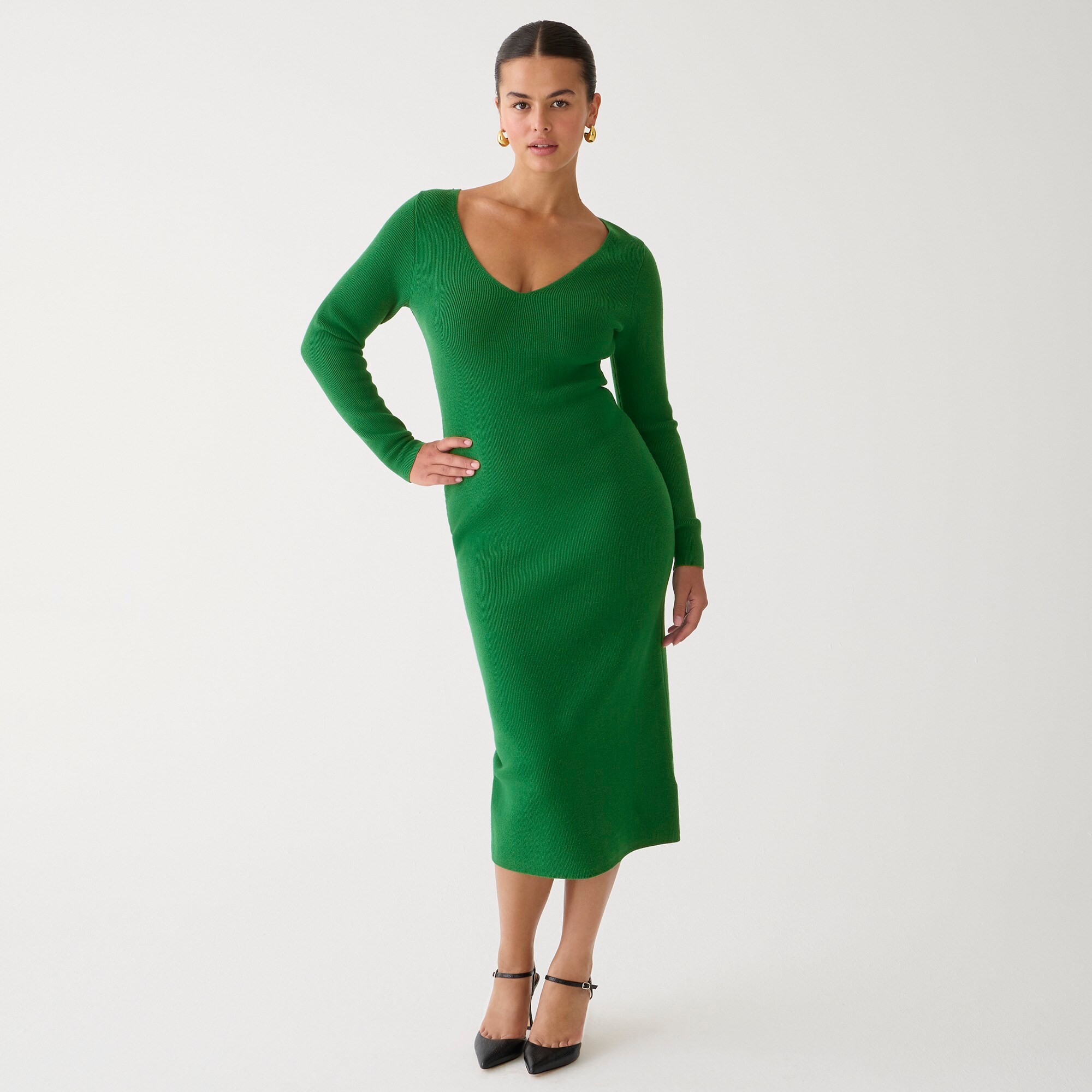 womens Long-sleeve V-neck ribbed sweater-dress