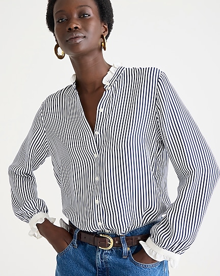 J.Crew: Drapey Ruffle-trim Cupro-blend Shirt In Stripe For Women