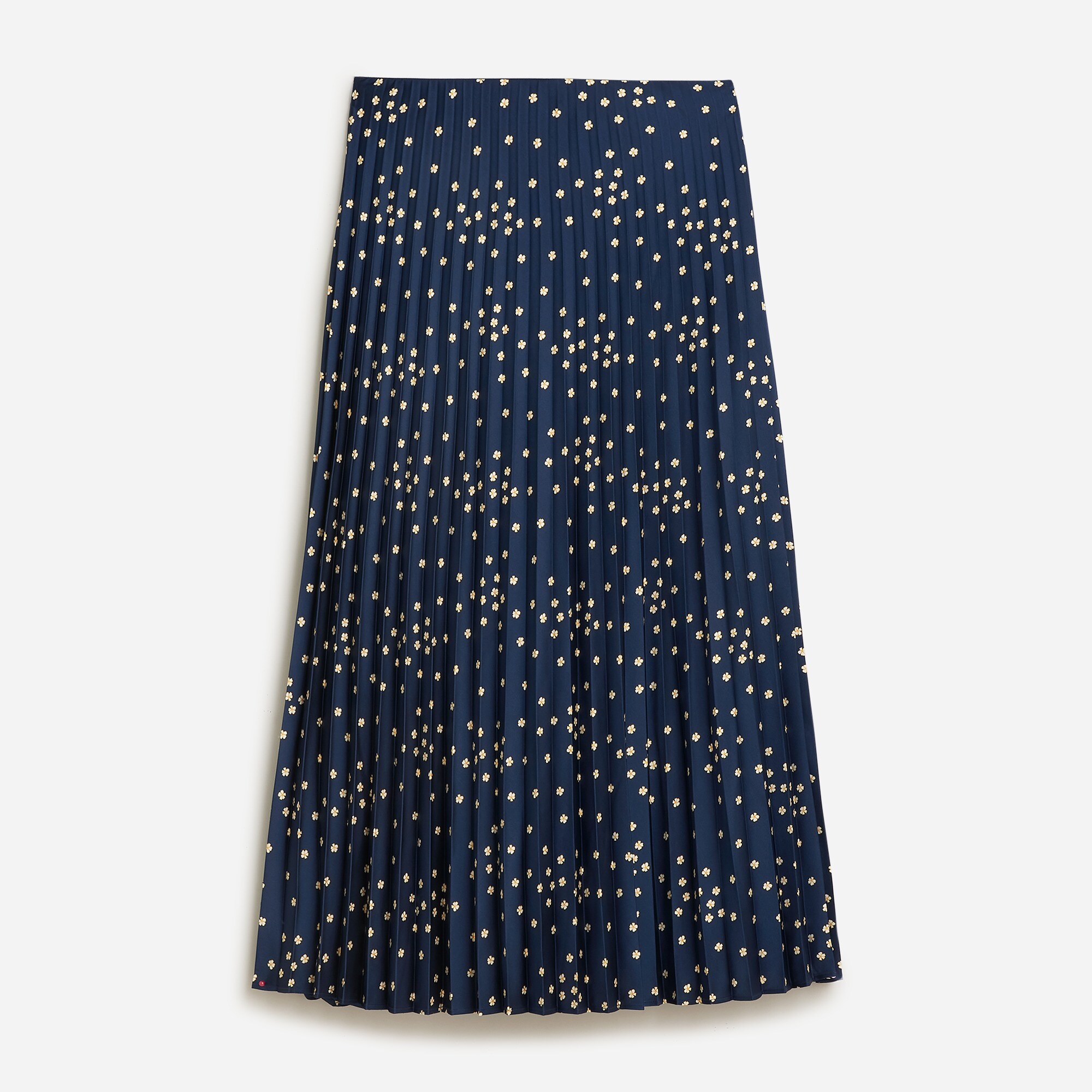 Pleated pull-on luster charmeuse midi skirt in tiny blooms print