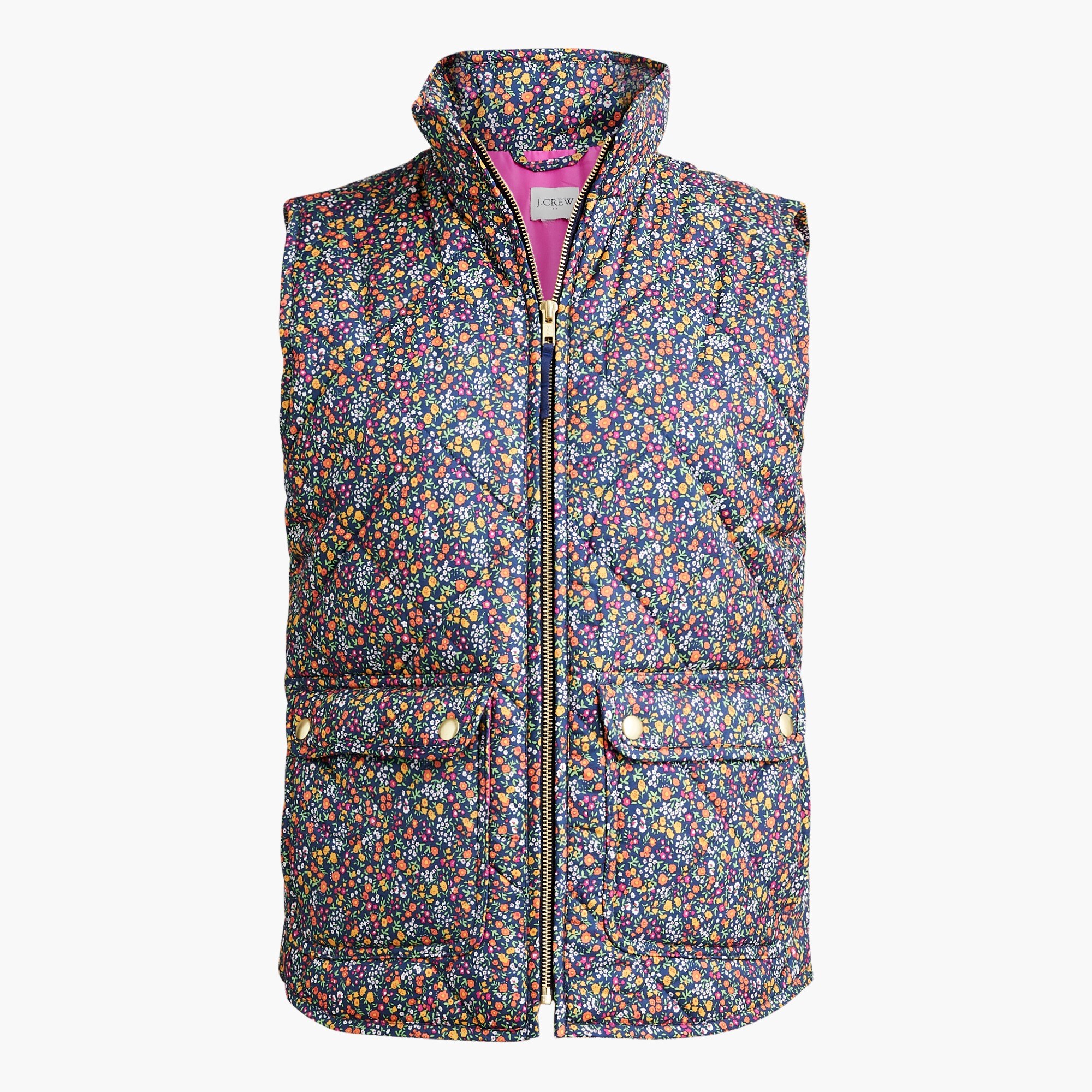 Printed puffer vest with snap pockets