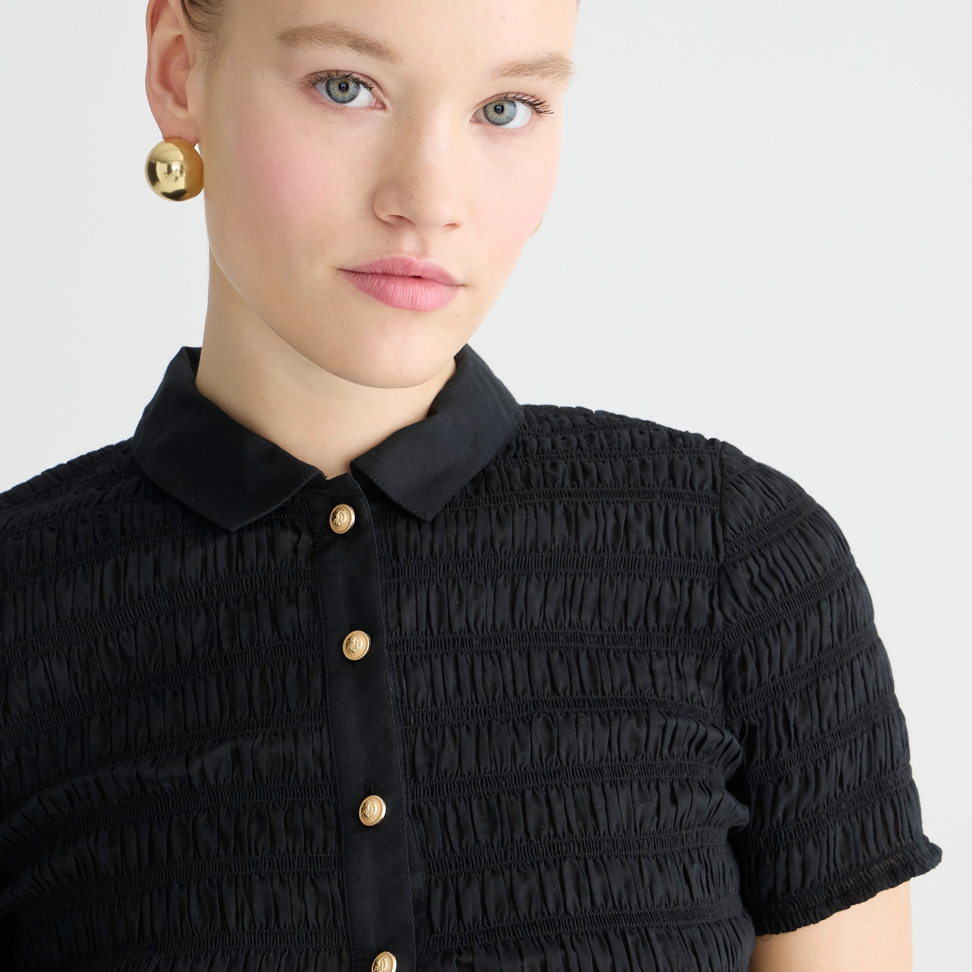 Smocked button-up shirt in cotton-blend voile