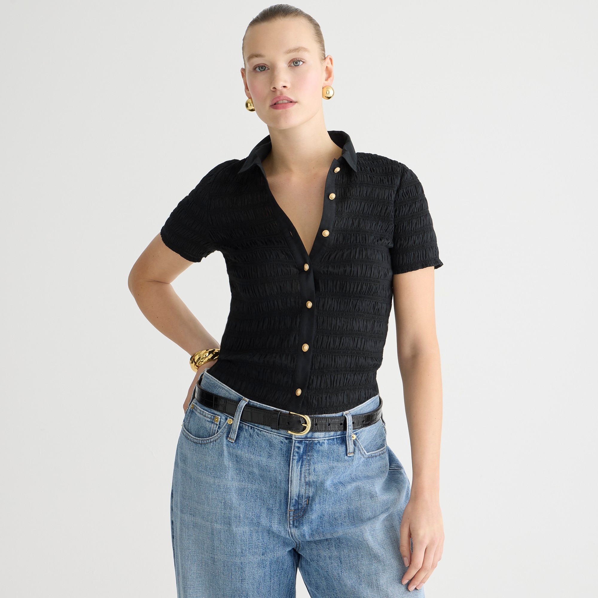 Smocked button-up shirt in cotton-blend voile