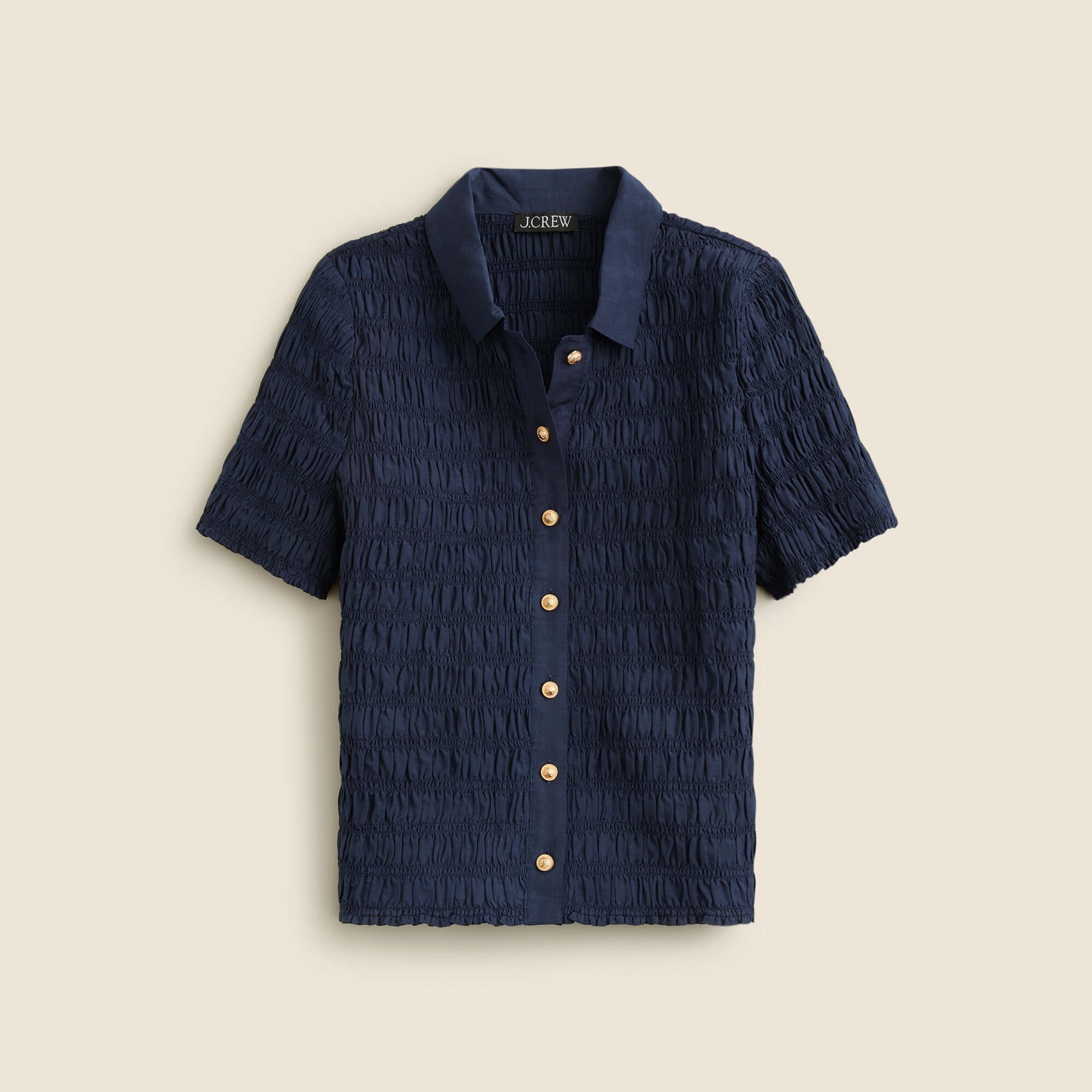 Smocked button-up shirt in cotton-blend voile